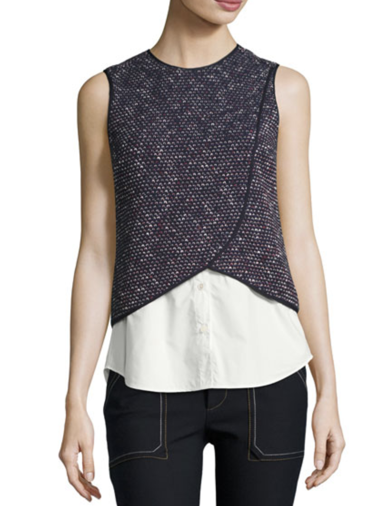 Derek Lam 10 Crosby Navy Blue Tweed Mixed Media Layered Combo Top Blouse Size 10 Sleeveless