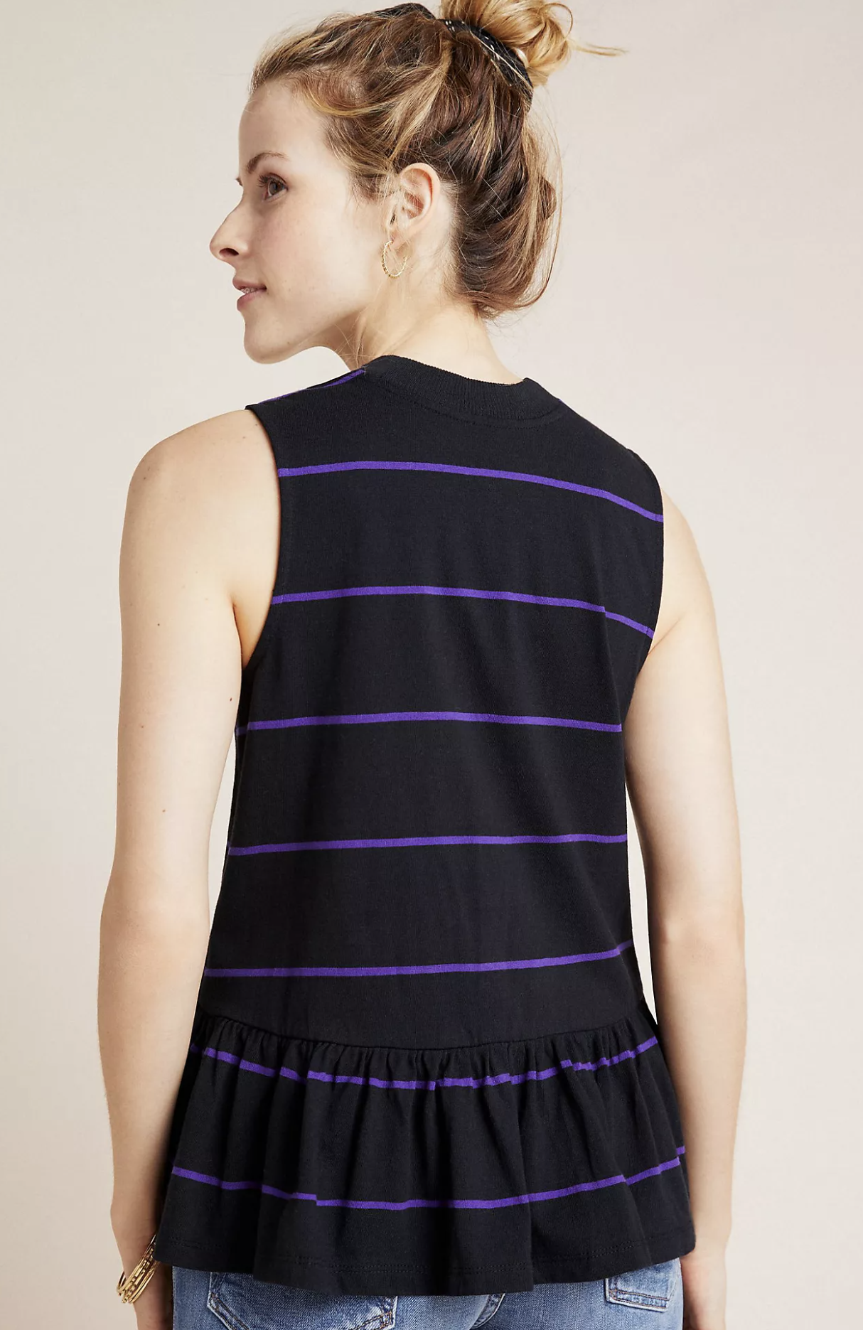 NWT Anthropologie Hildi Black Purple Striped Knit Peplum Top Mock Neck Size S