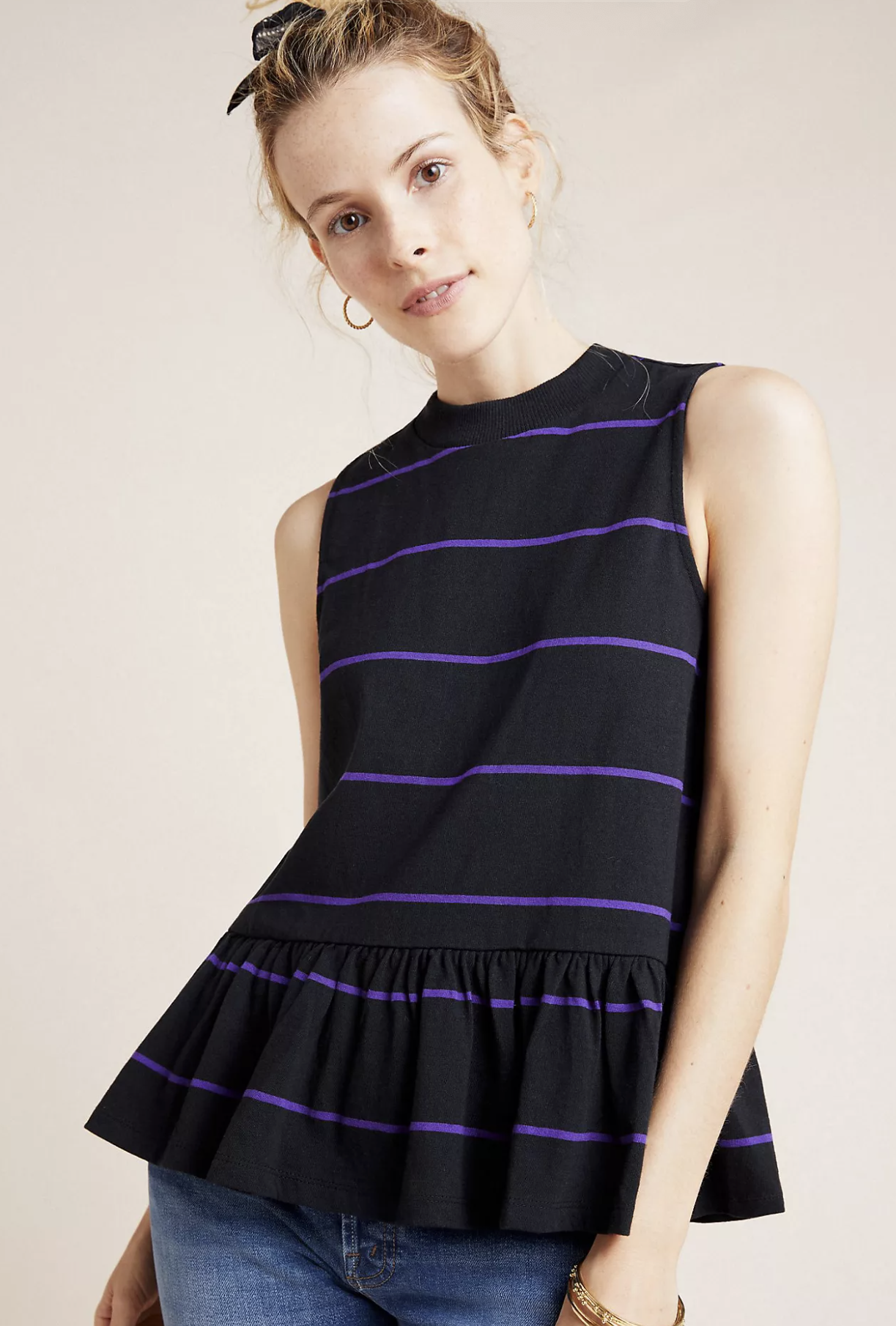 NWT Anthropologie Hildi Black Purple Striped Knit Peplum Top Mock Neck Size S