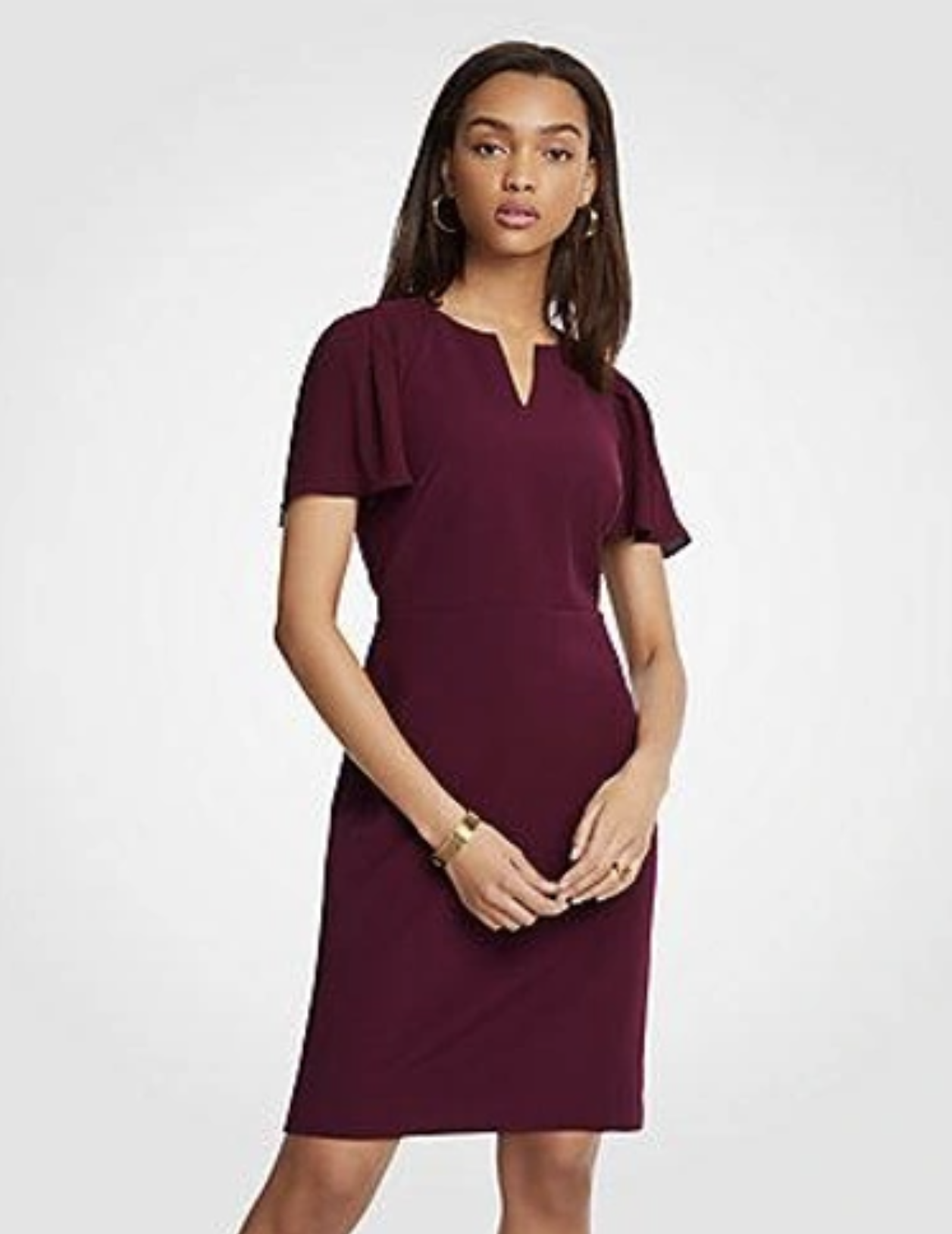 NWT $179 Ann Taylor Burgundy Split Neck Pleated Sleeve Sheath Dress Size 2