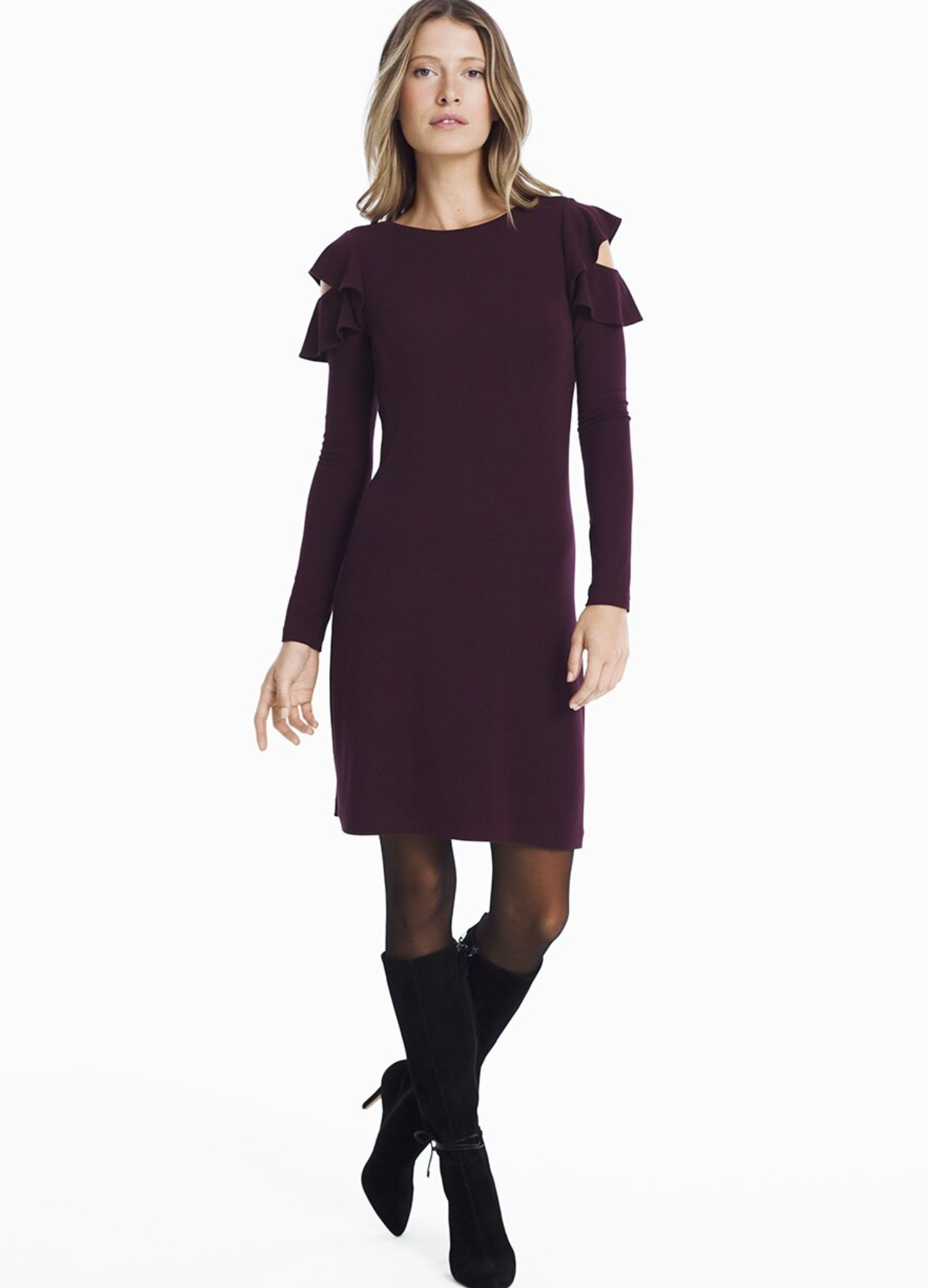 NWT $94 White House Black Market Cabernet Burgundy Ruffle Cold Shoulder Dress M