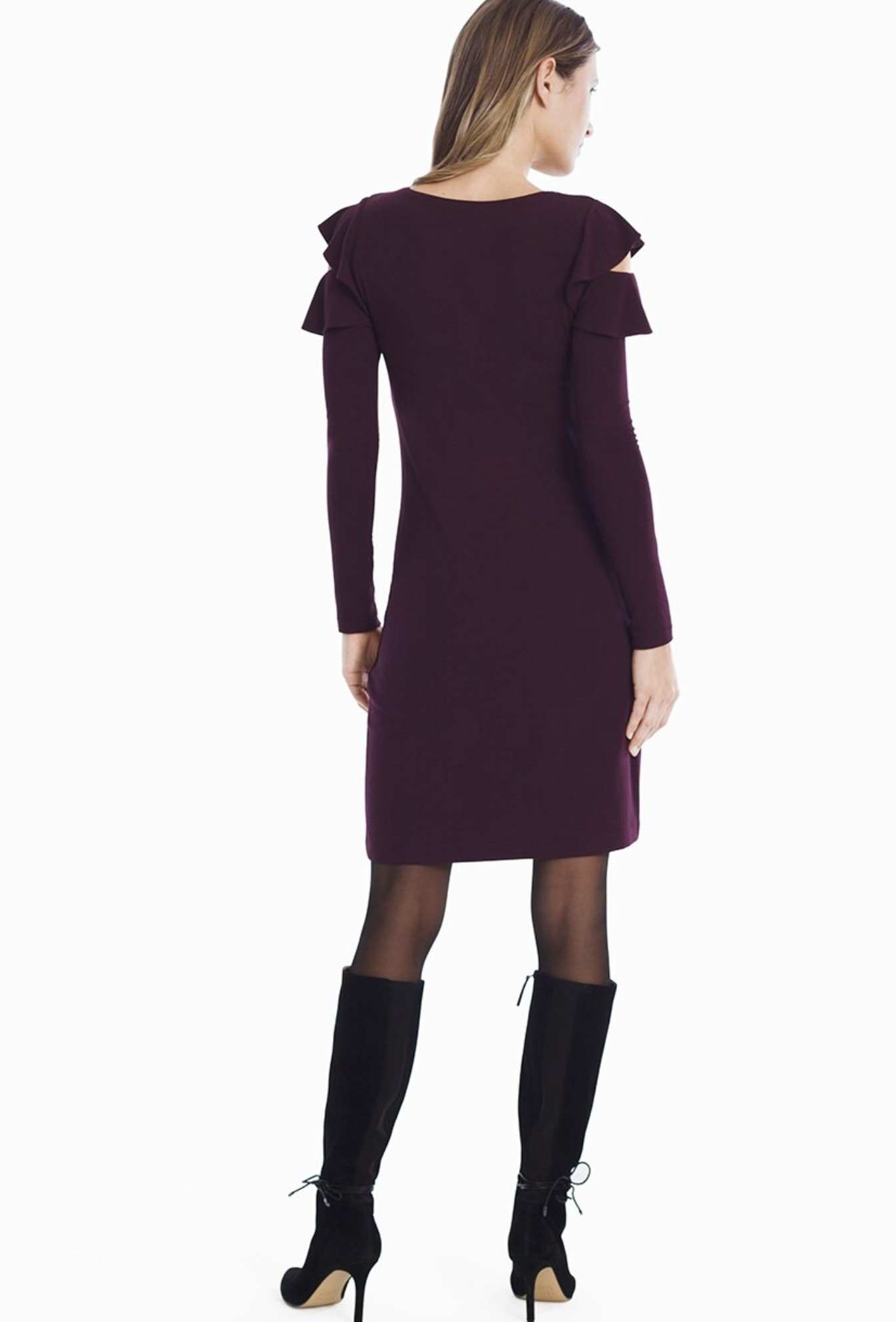 NWT $94 White House Black Market Cabernet Burgundy Ruffle Cold Shoulder Dress M