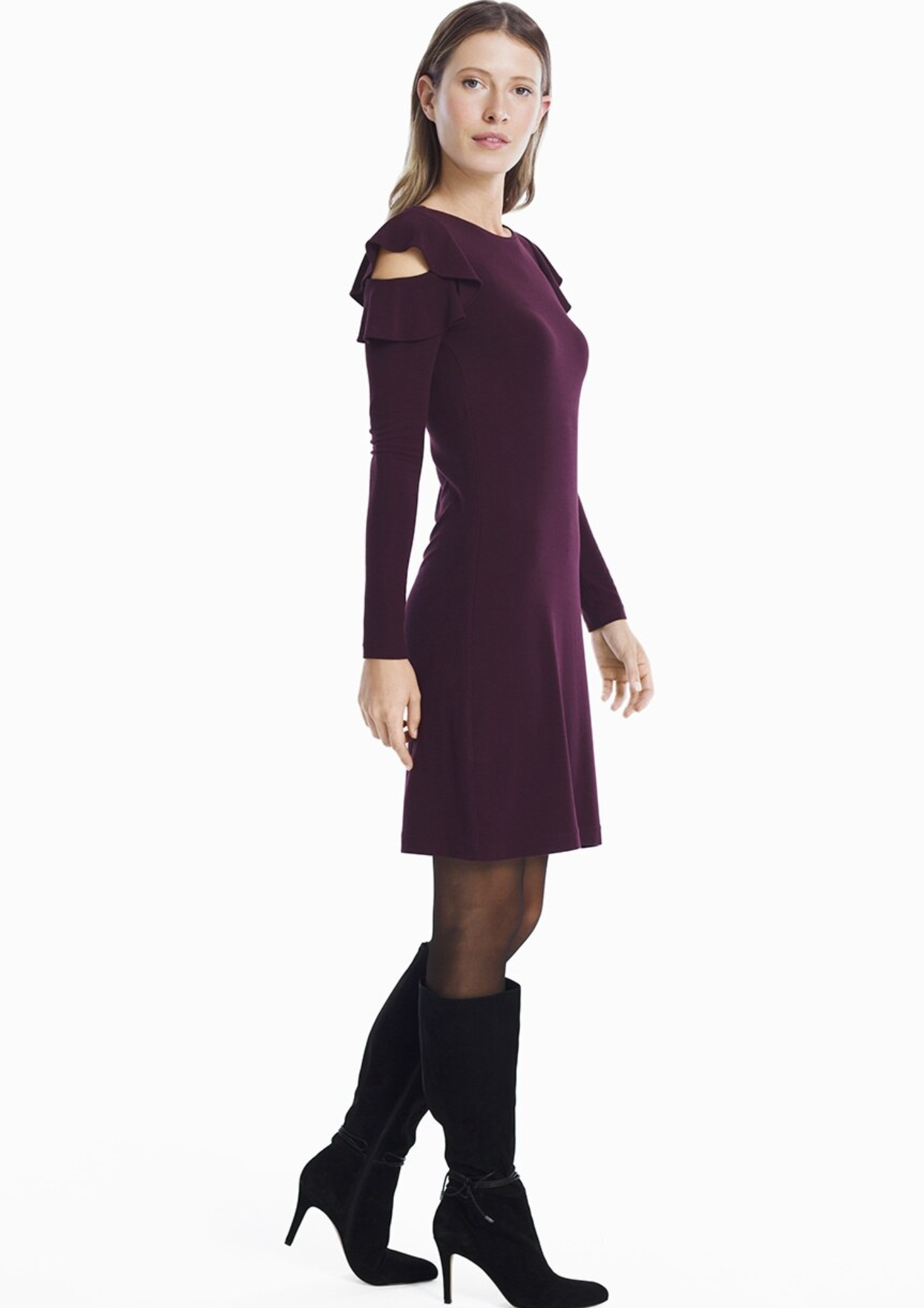 NWT $94 White House Black Market Cabernet Burgundy Ruffle Cold Shoulder Dress M