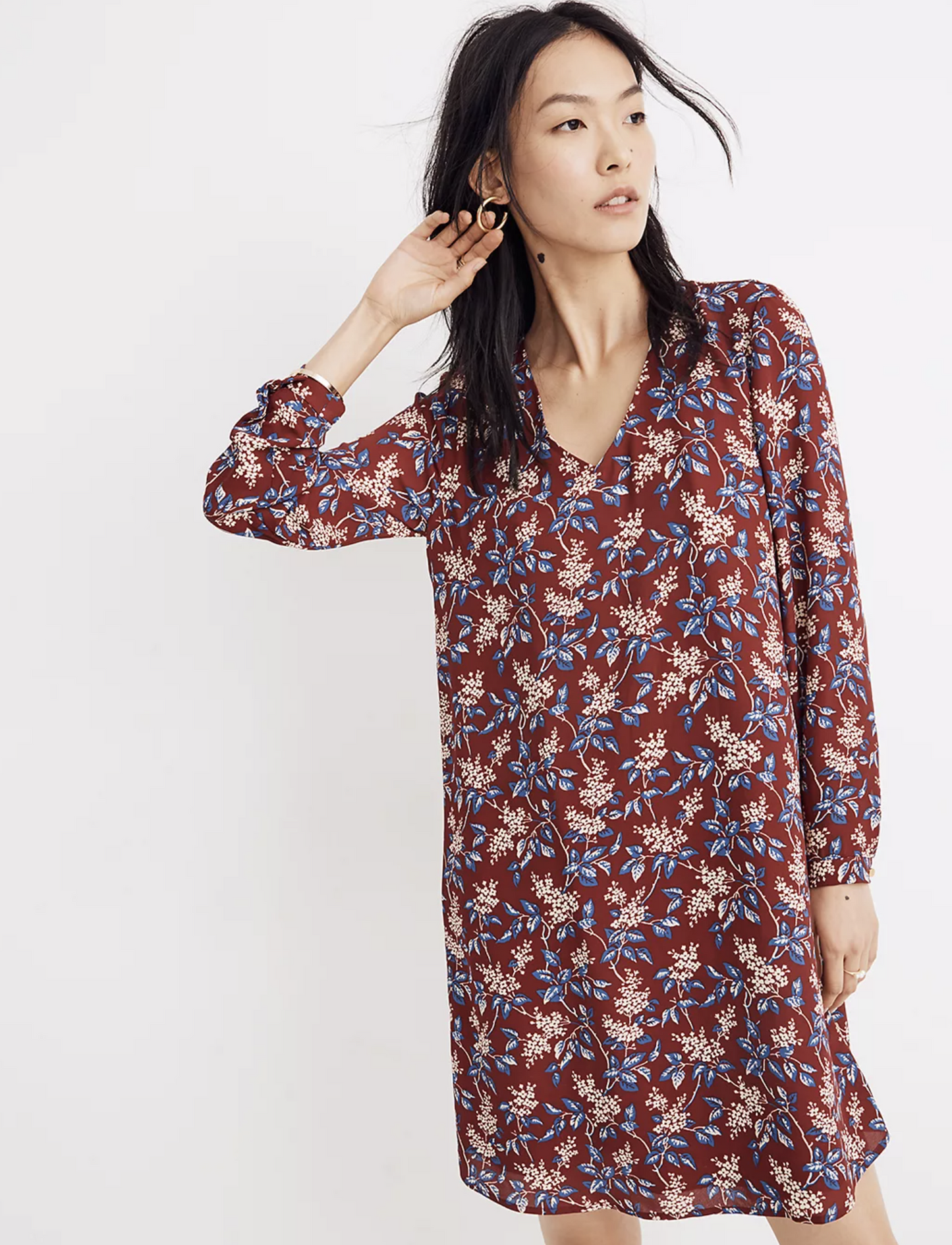 Madewell Antique Floral Print Button Back Shift Dress Size XS Deep Red Blue
