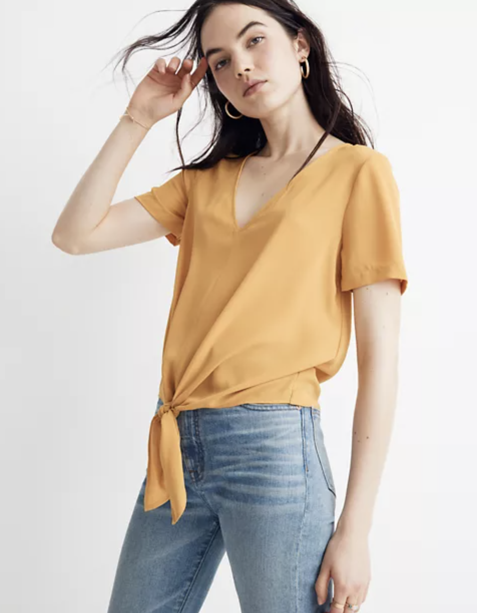 Madewell Novel Solid Yellow Short Sleeve Tie Front Top Blouse Size XL V Neck