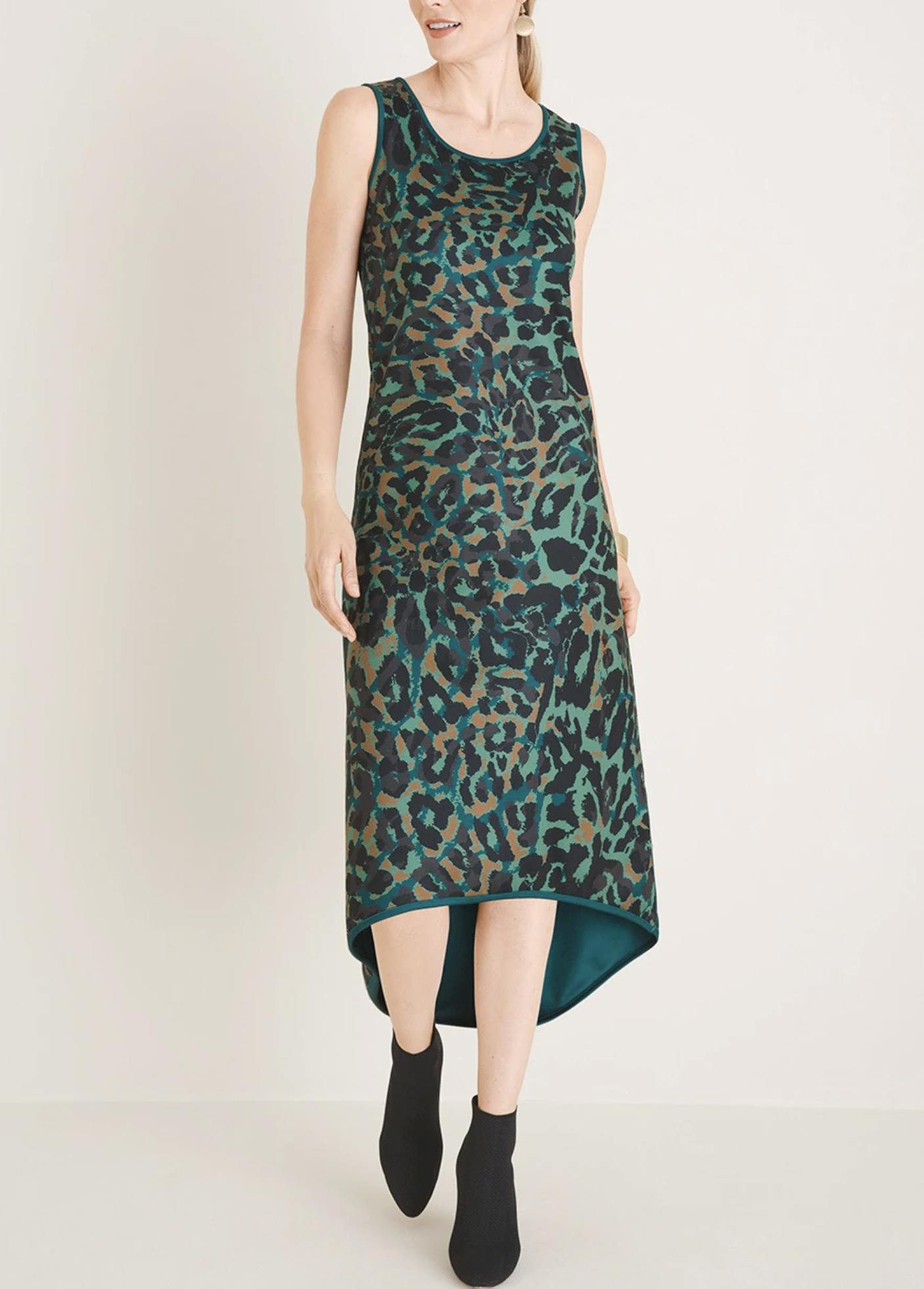 NWT Chicos Green Abstract Animal Print Hi Lo Sleeveless Midi Dress Size 0 Black