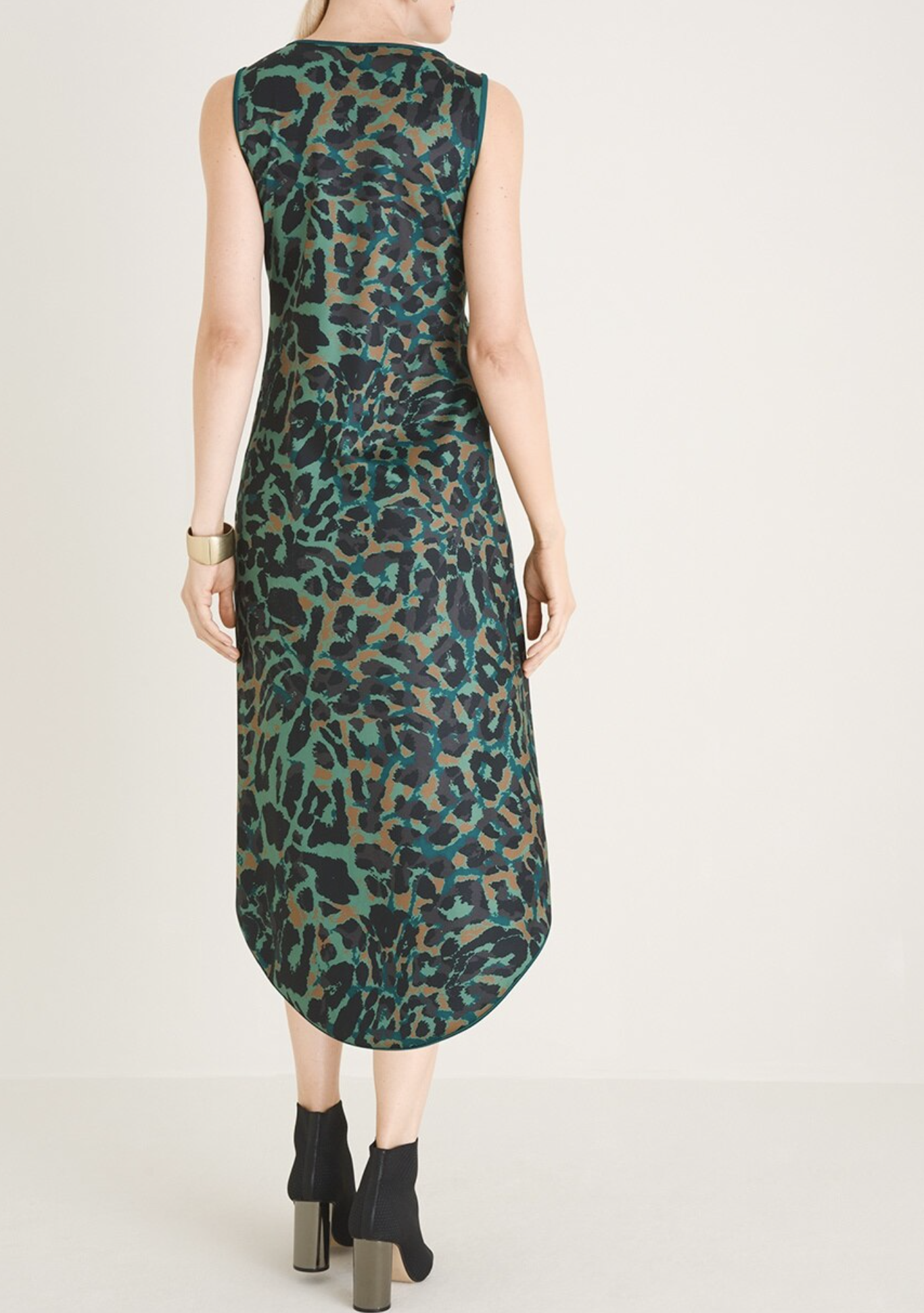 NWT Chicos Green Abstract Animal Print Hi Lo Sleeveless Midi Dress Size 0 Black