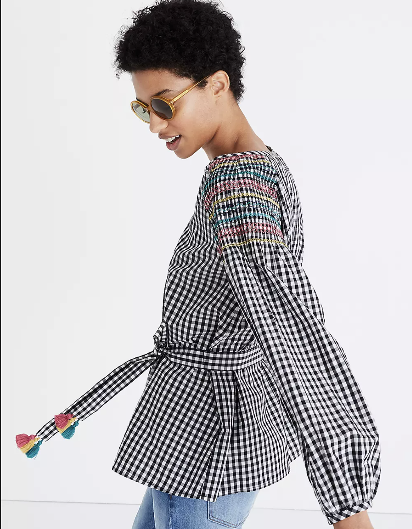 Madewell Black White Gingham Plaid Embroidered Tie Waist Tassel Top Blouse XS