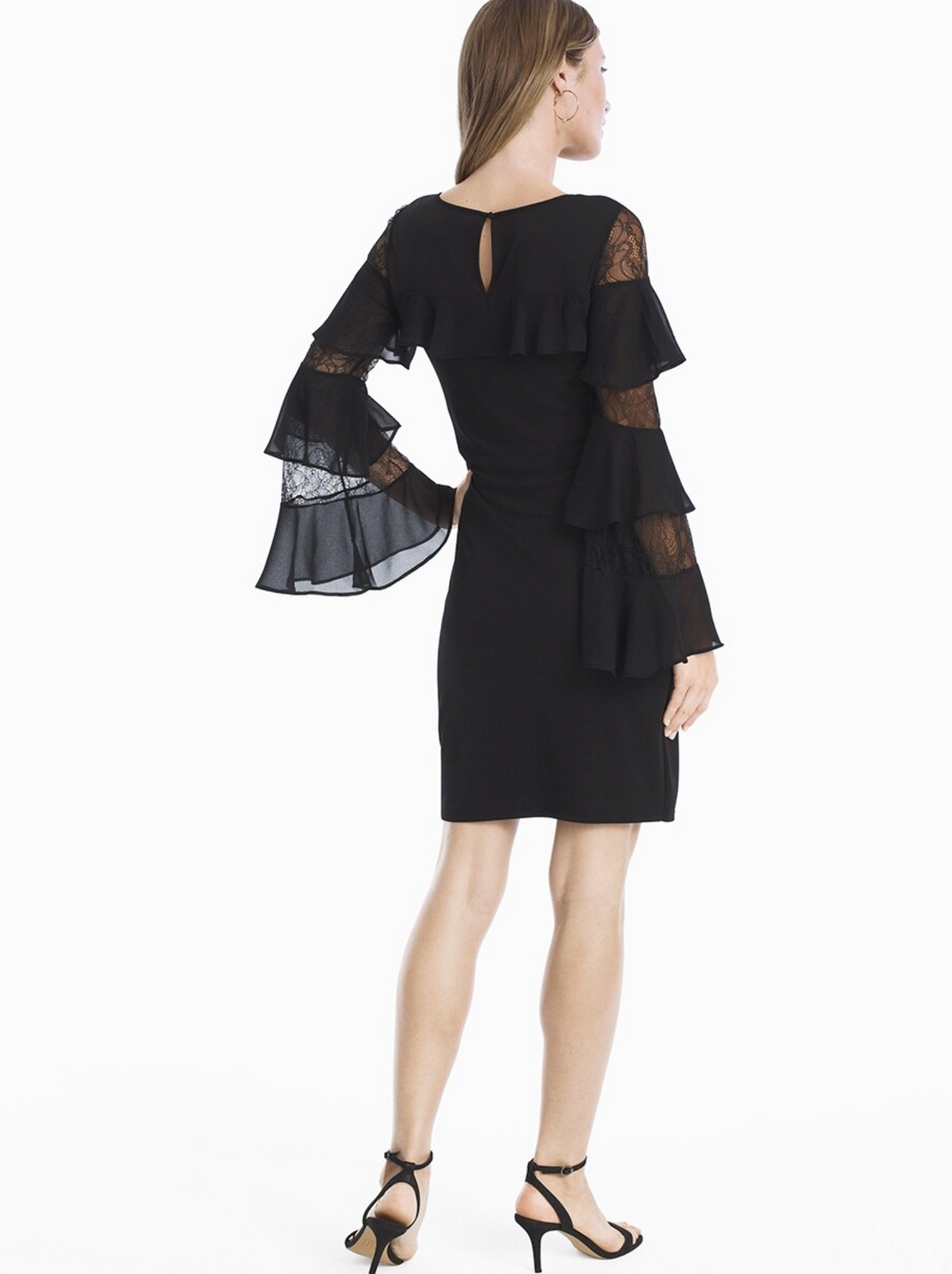 NWT White House Black Market Black Ruffle Lace Sleeve Shift Dress Size S