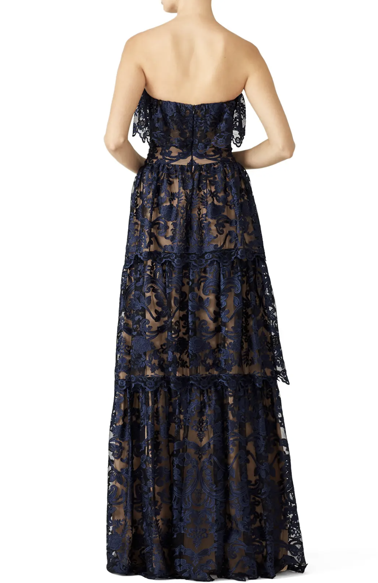 ML Monique Lhuillier Midnight Lace Strapless Tiered Evening Gown Formal Dress 6