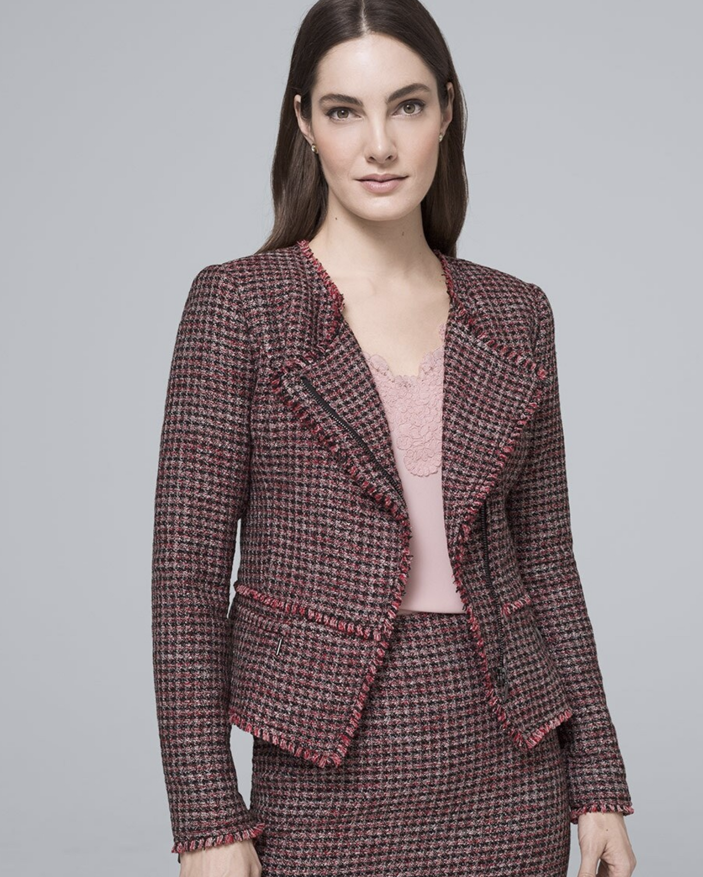 White House Black Market Red Tweed Fringe Asymmetric Zip Moto Jacket Blazer 10