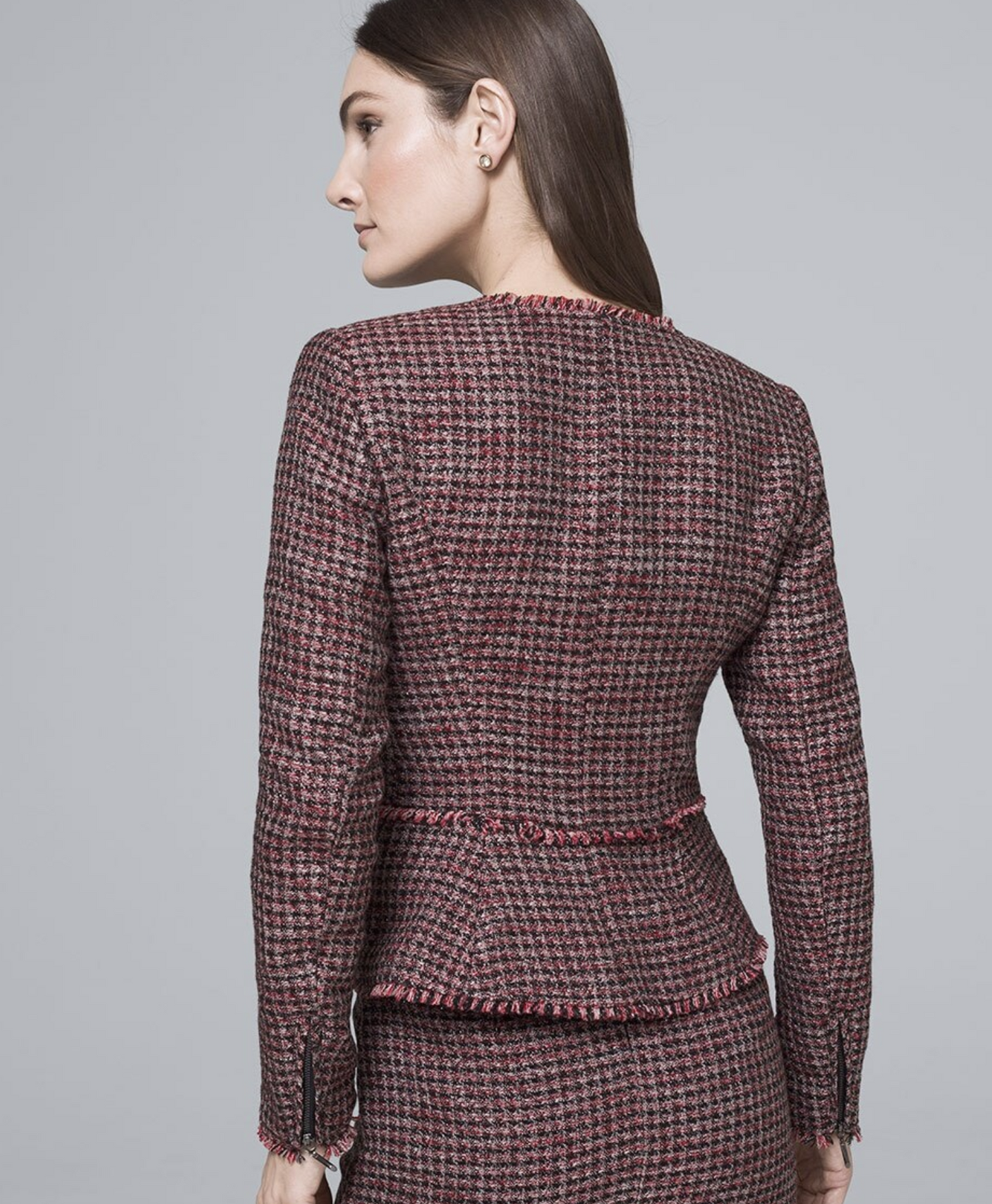 White House Black Market Red Tweed Fringe Asymmetric Zip Moto Jacket Blazer 10