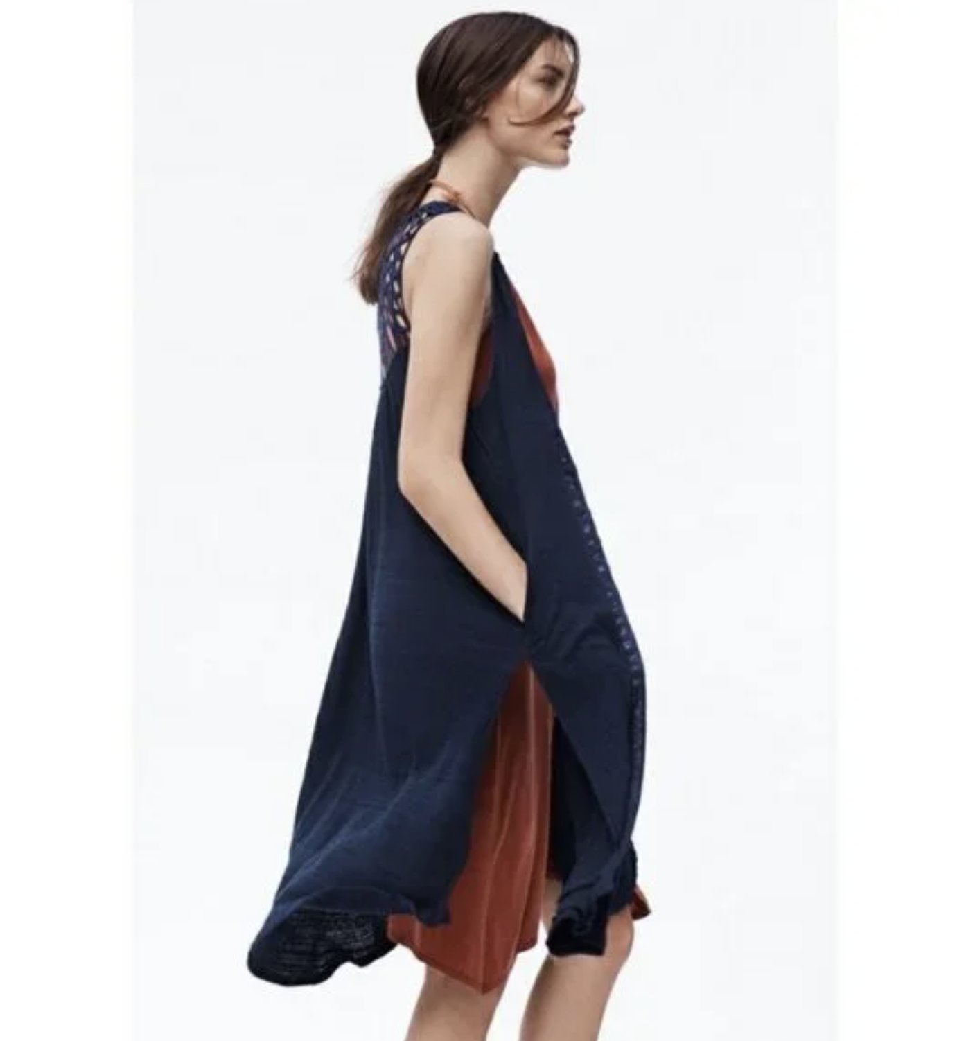 NWT Saturday Sunday Anthropologie Navy Blue Crochet Macrame Duster Vest Size XS