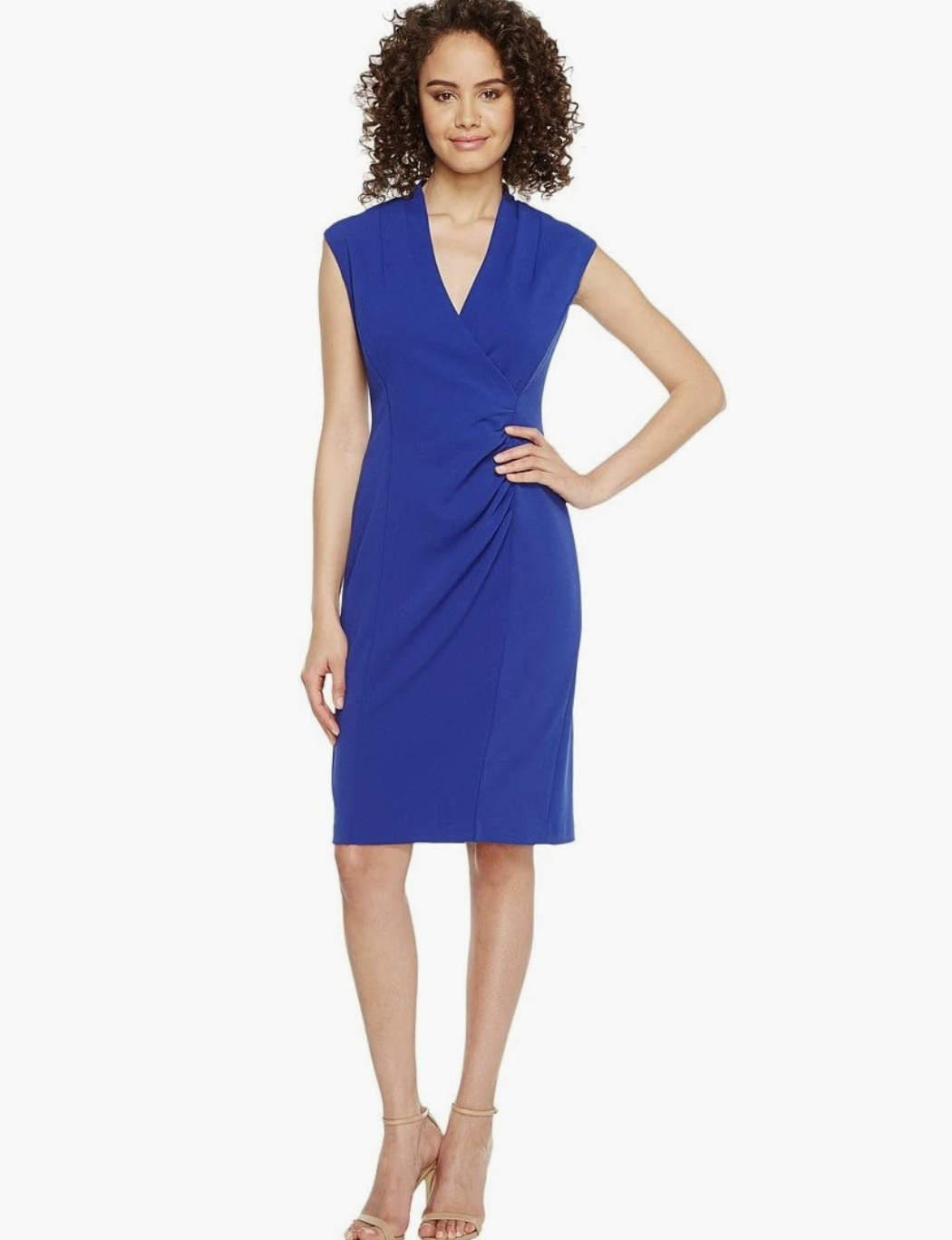 Calvin Klein Womens Royal Blue Ruched Sheath Dress Size 6 Cap Sleeve V Neck