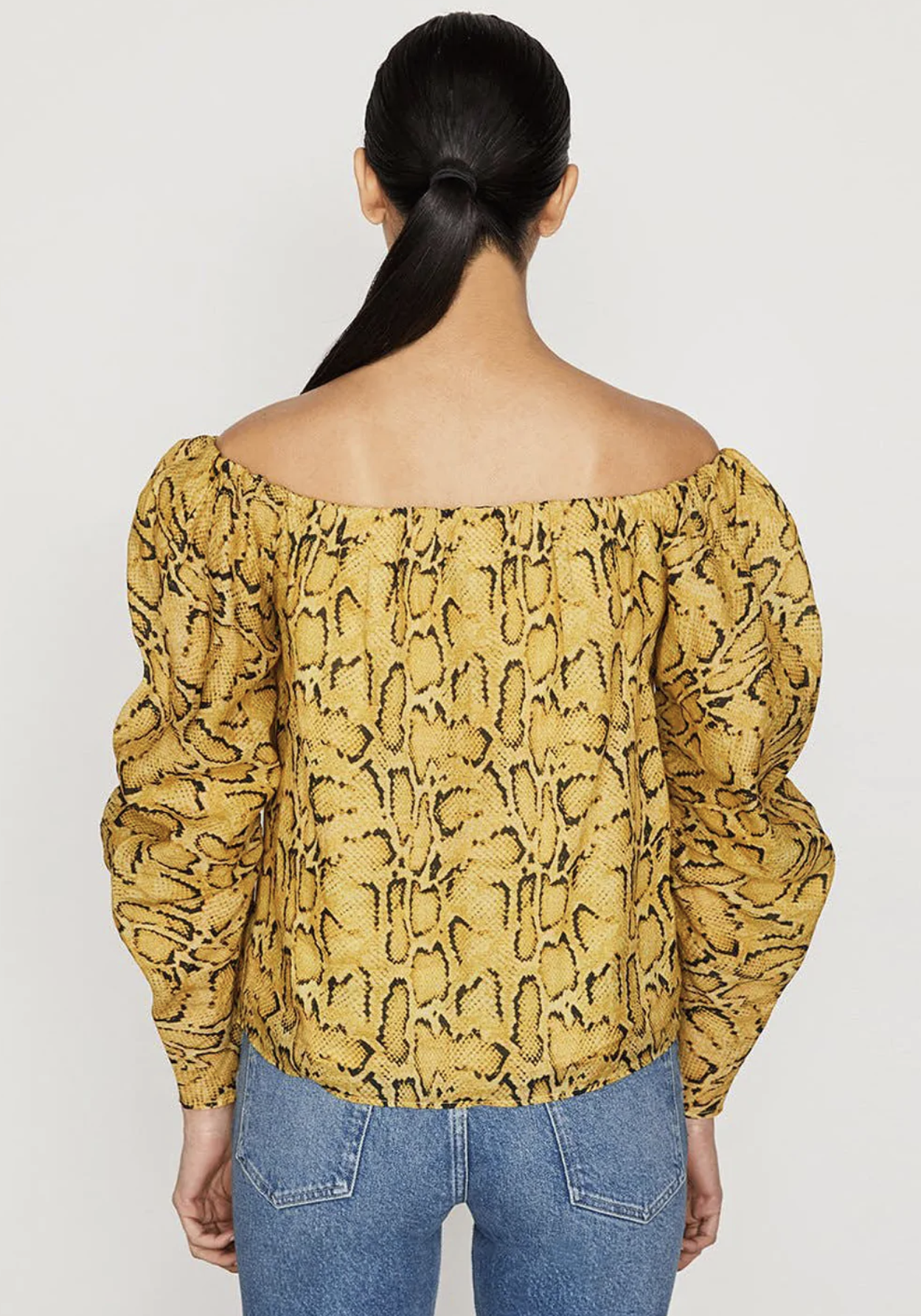FRAME Off the Shoulder Billow Top in Python Size L Yellow Snakeskin Blouse