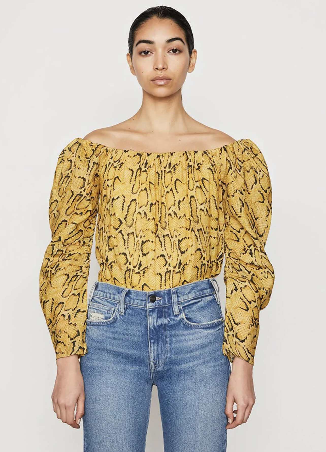 FRAME Off the Shoulder Billow Top in Python Size L Yellow Snakeskin Blouse