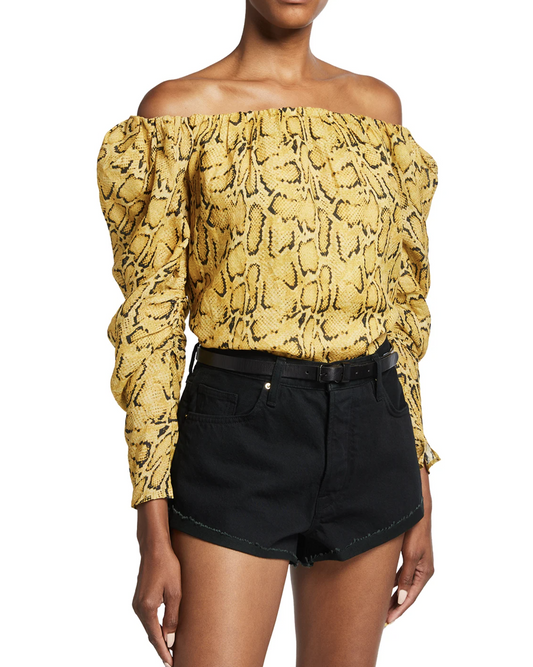 FRAME Off the Shoulder Billow Top in Python Size L Yellow Snakeskin Blouse