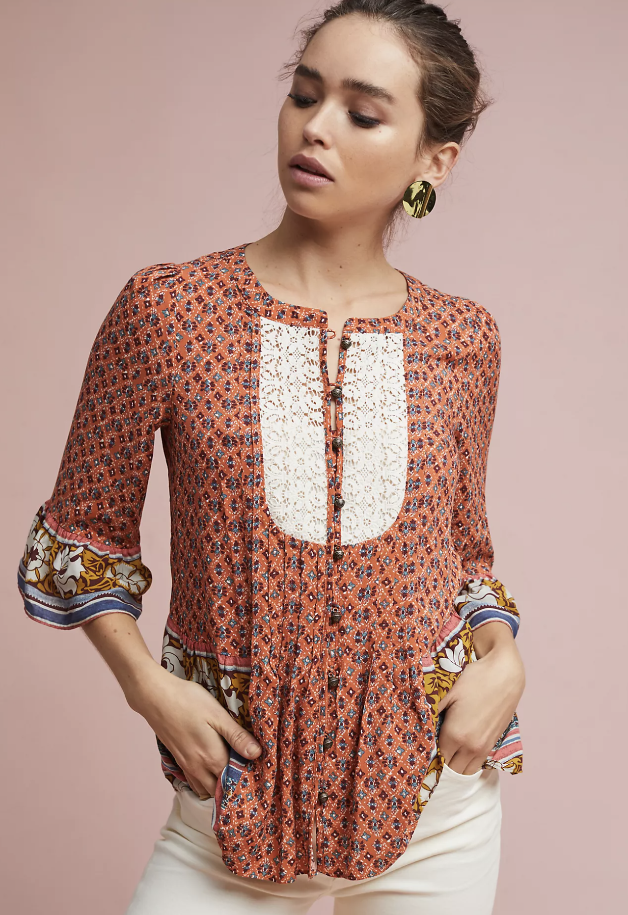 Maeve Anthropologie Hiver Orange Floral Lace Trim Peasant Top Blouse Size 2