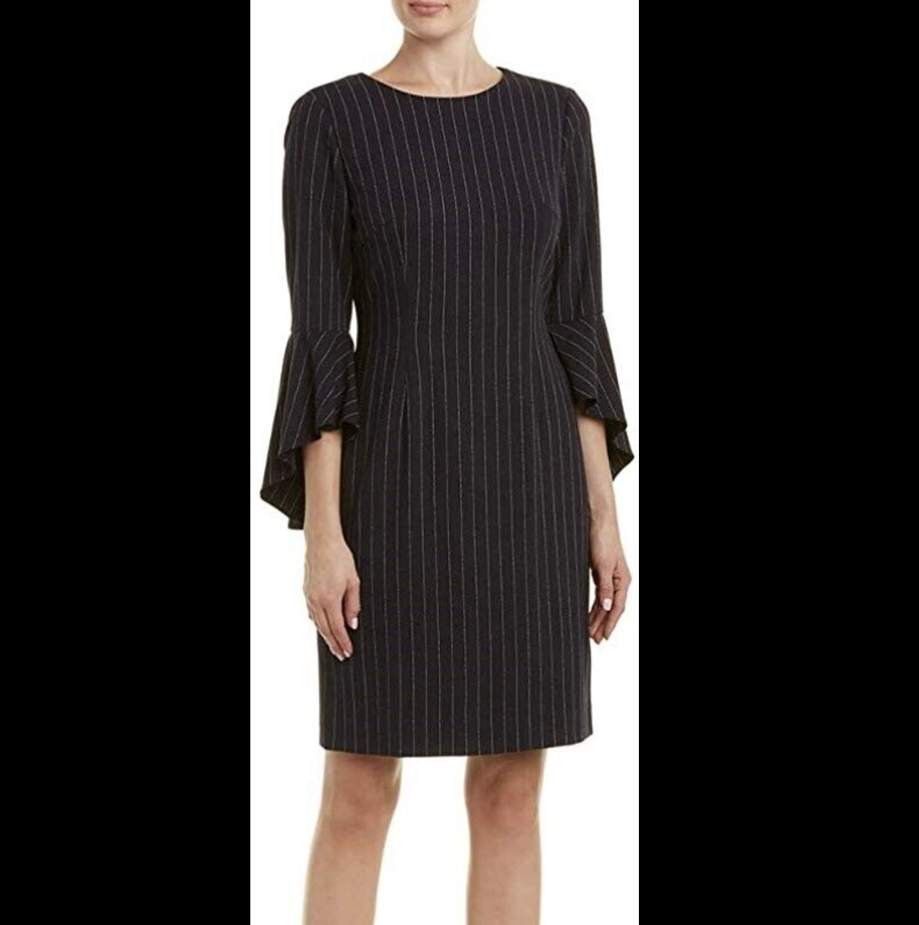 Tahari ASL Levine Navy Blue Pinstripe Flared Bell Sleeve Sheath Dress Size 4