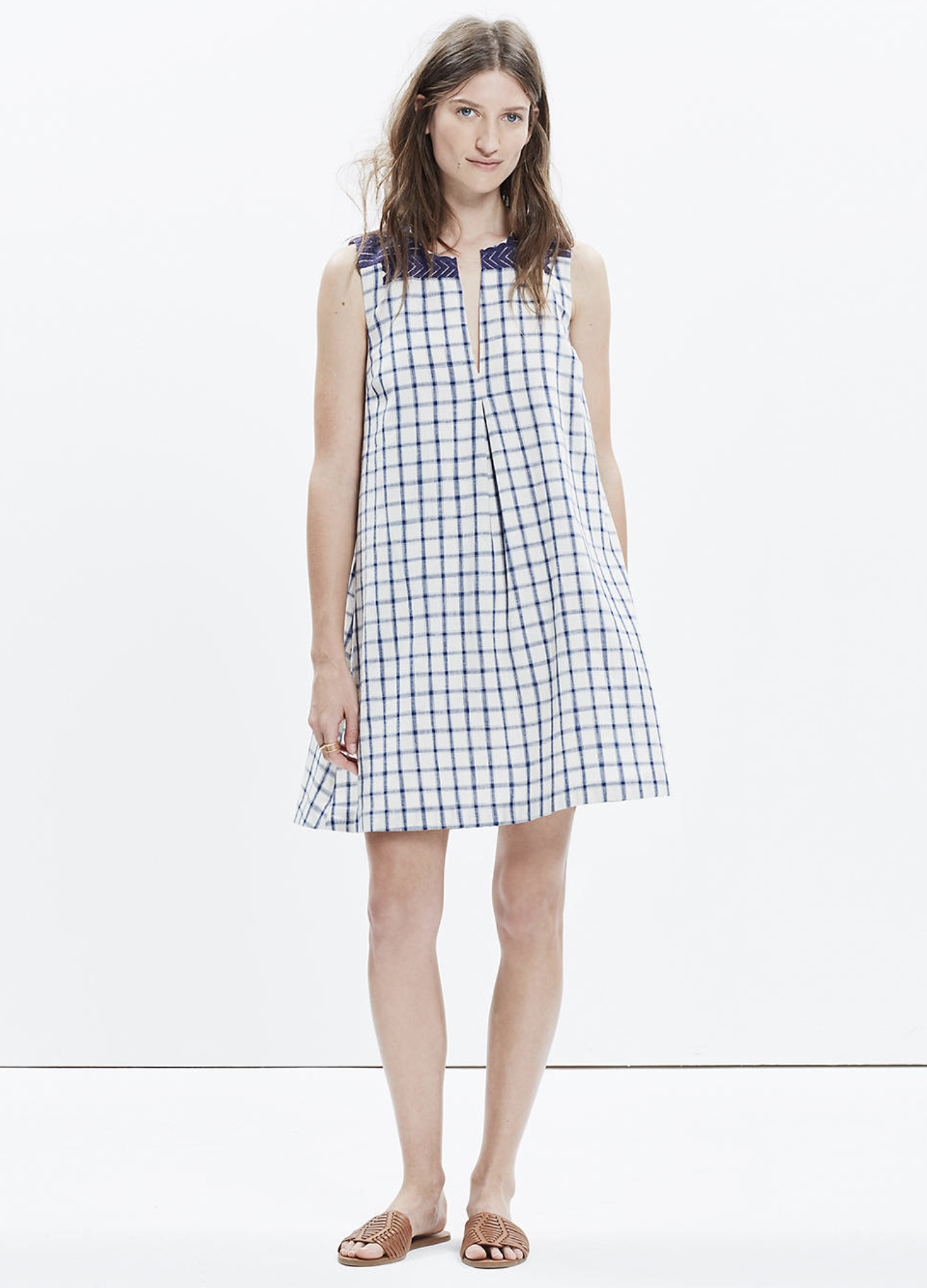 Madewell Sunray Window Pane Plaid Printed Embroidered Shift Dress Size S Linen