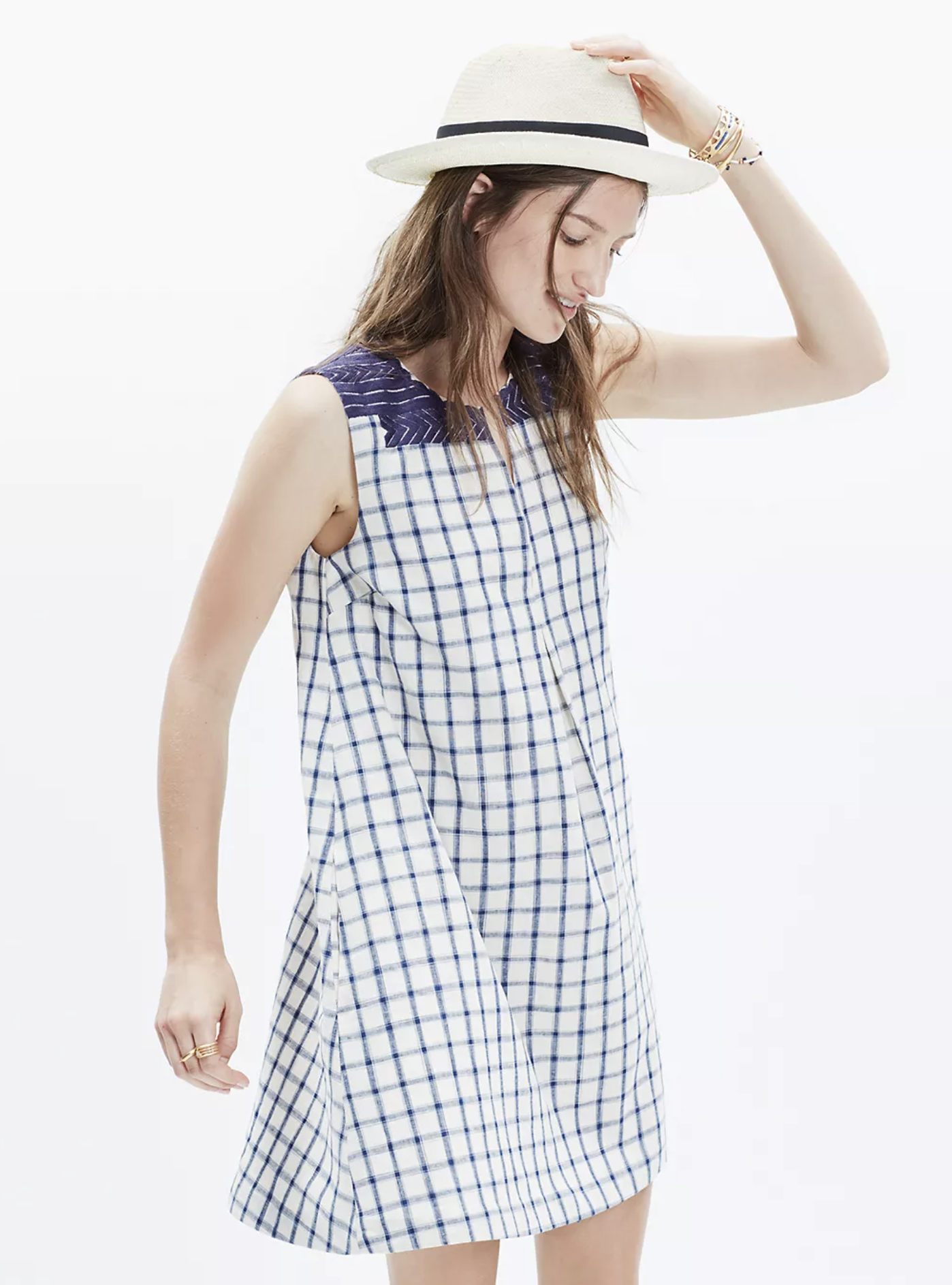 Madewell Sunray Window Pane Plaid Printed Embroidered Shift Dress Size S Linen