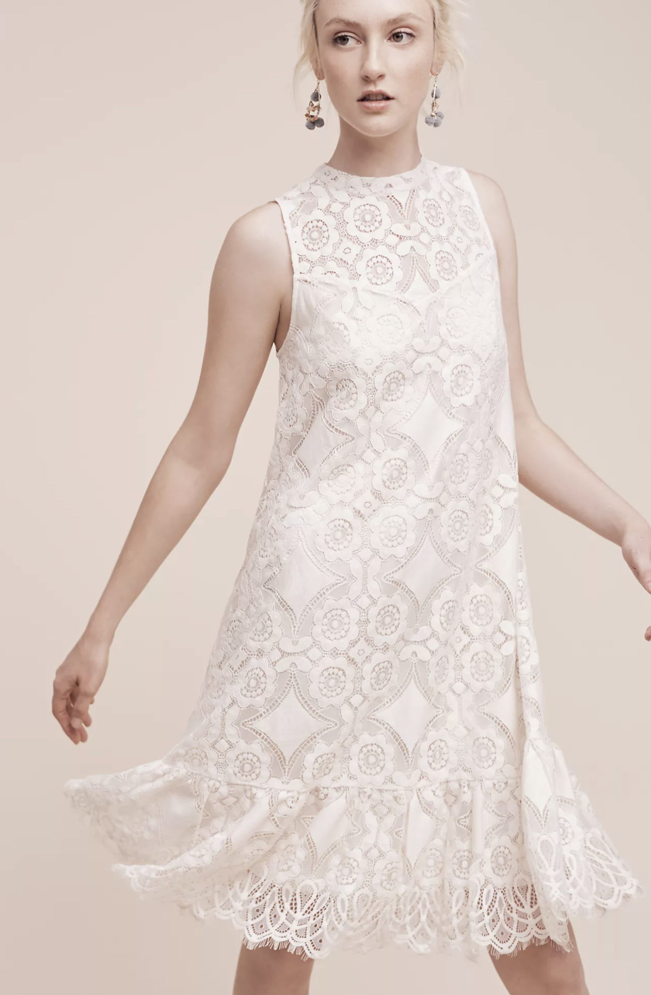 Floreat Anthropologie Manon Ivory Lace Flounce Hem Shift Dress Size 2 Sleeveless