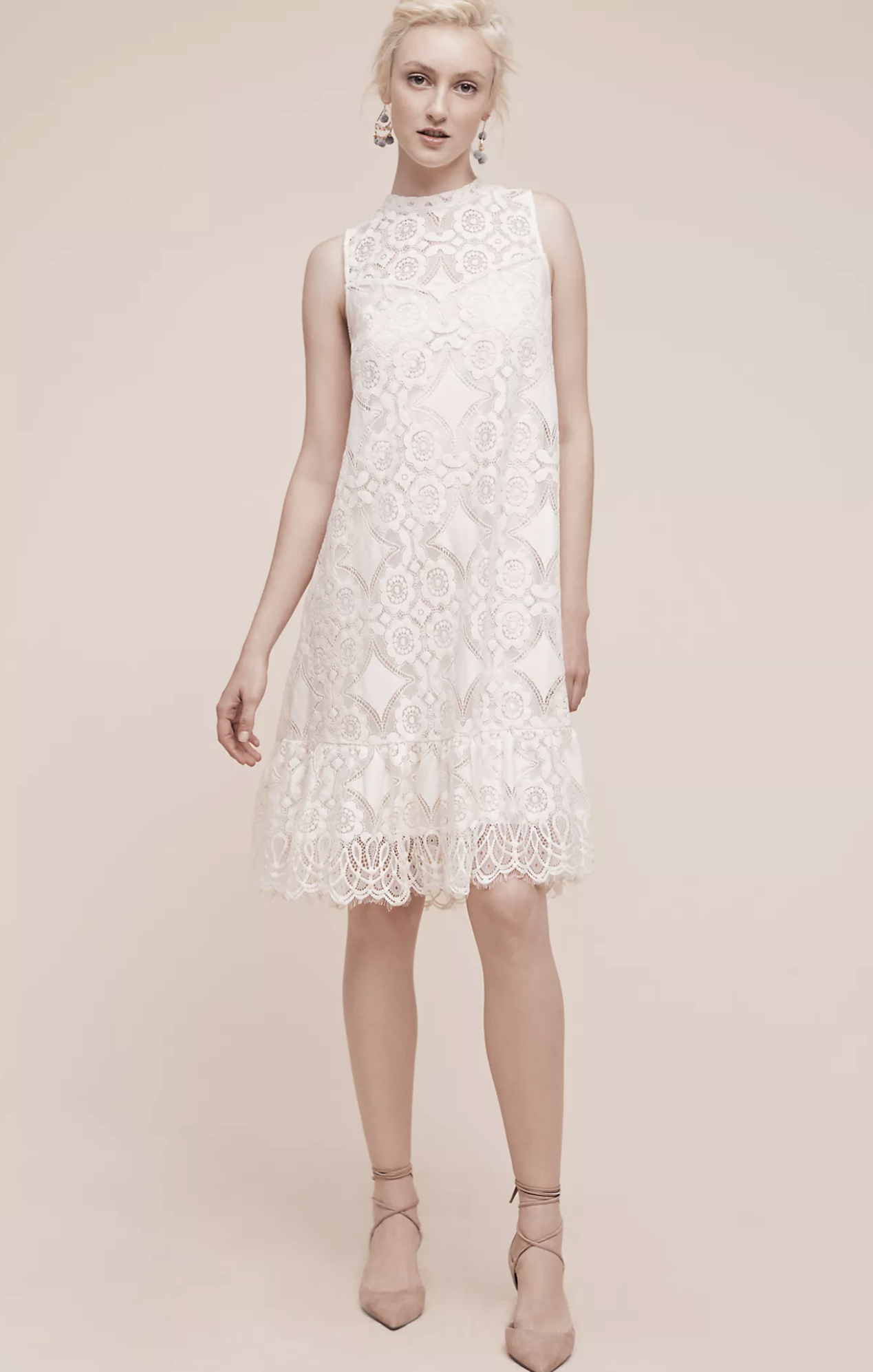 Floreat Anthropologie Manon Ivory Lace Flounce Hem Shift Dress Size 2 Sleeveless