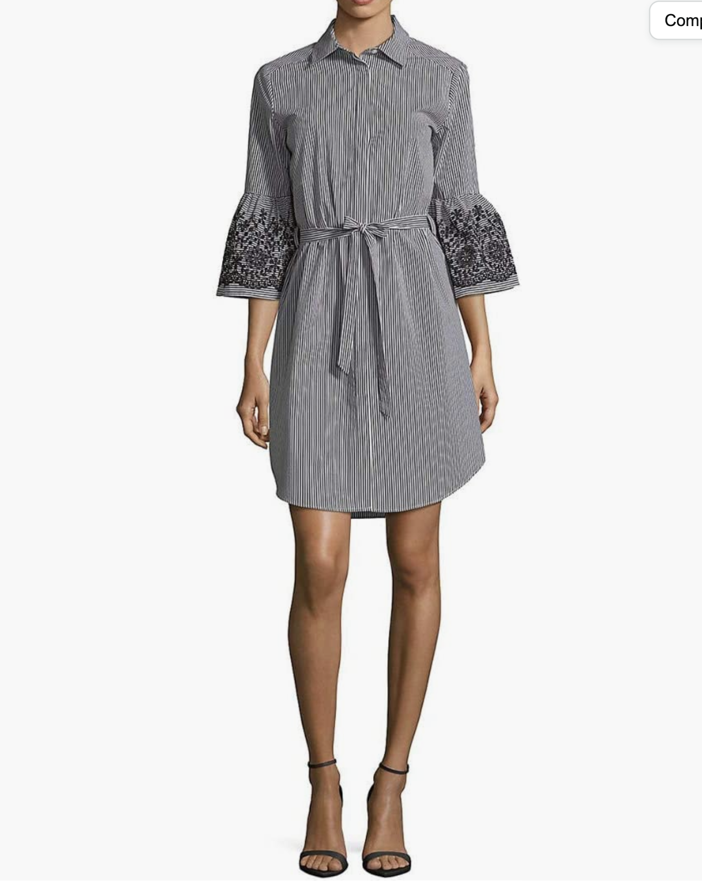 Calvin Klein Gray Striped Floral Embroidered Bell Sleeve Shirt Dress Tie Size 4