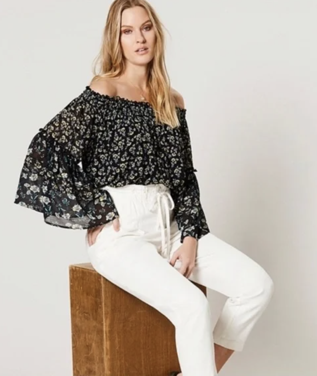 Free People Rose Valley Black Floral Print Off the Shoulder Bell Sleeve Top Sz S