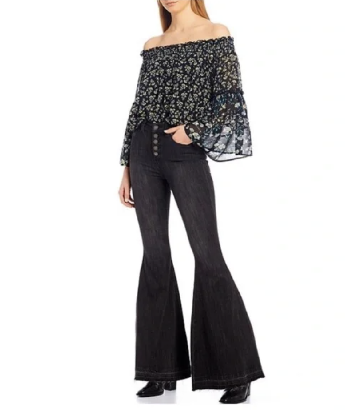 Free People Rose Valley Black Floral Print Off the Shoulder Bell Sleeve Top Sz S
