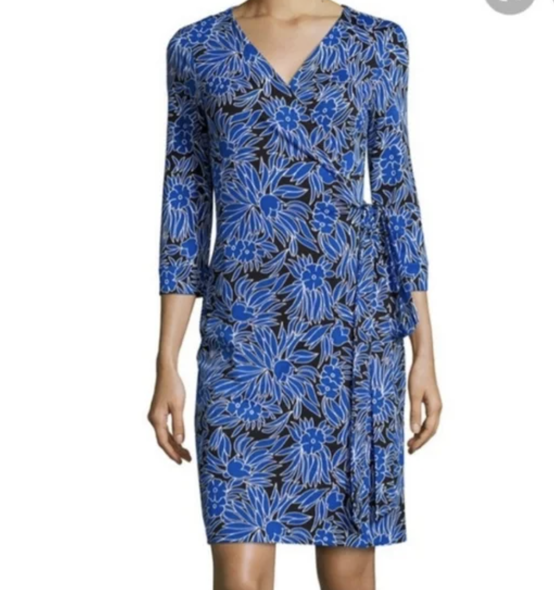 Diane Von Furstenberg New Julian Two Blue Black Floral Print Wrap Dress Size 2