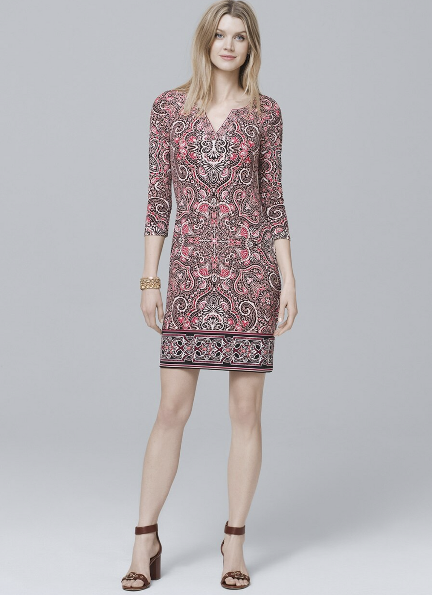 White House Black Market Red Paisley Print Embroidered Trim Knit Shift Dress S