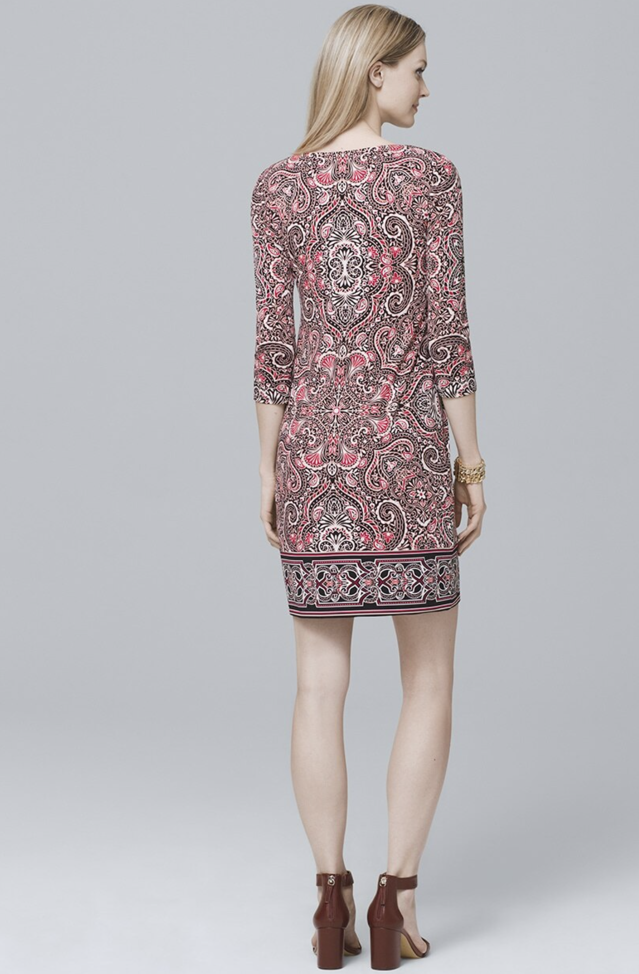 White House Black Market Red Paisley Print Embroidered Trim Knit Shift Dress S