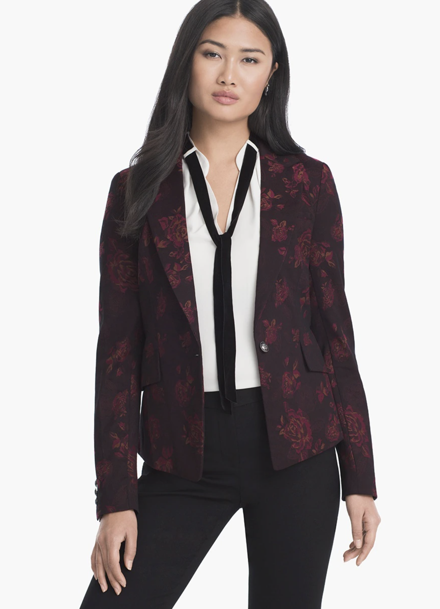 White House Black Market Rose Print Floral Jacquard Blazer Jacket Size 4 Maroon