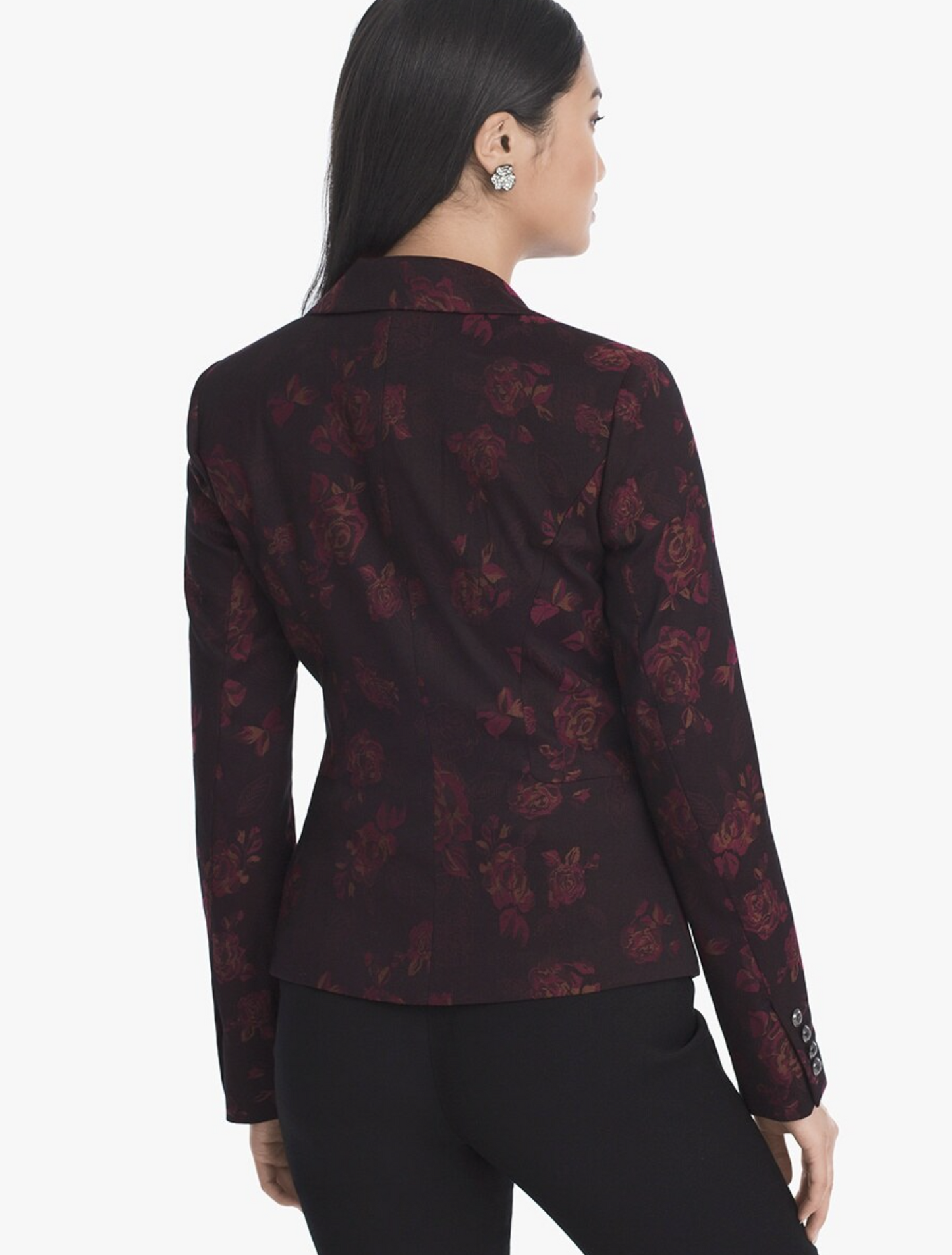 White House Black Market Rose Print Floral Jacquard Blazer Jacket Size 4 Maroon