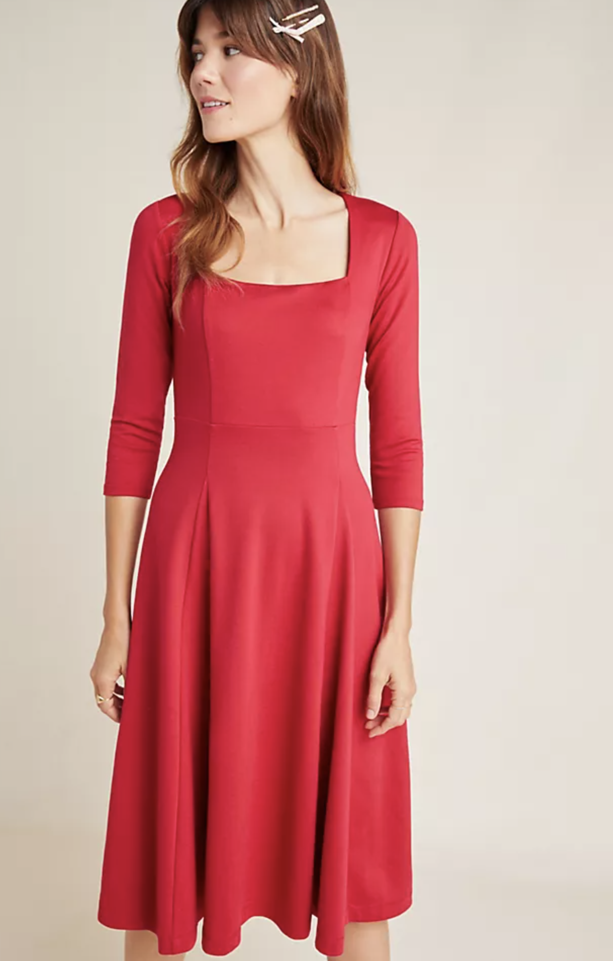 Maeve Anthropologie Jocelyn Red Ponte Knit Midi Dress Size XS A Line Square Neck