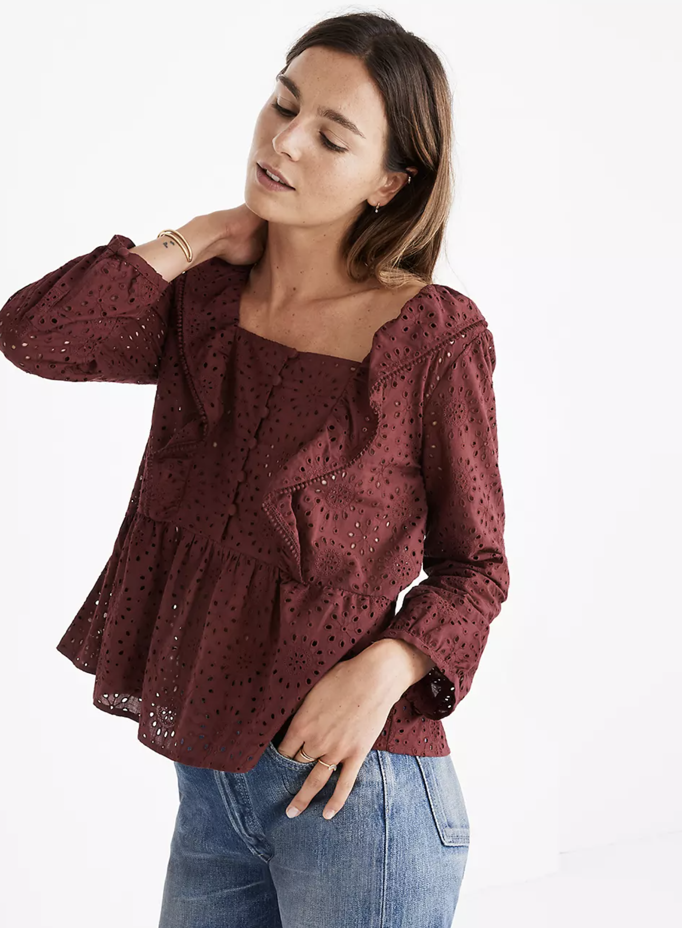 Madewell Wine Red Eyelet Lace Ruffle Pompom Trim Top Blouse Size XS V Neck