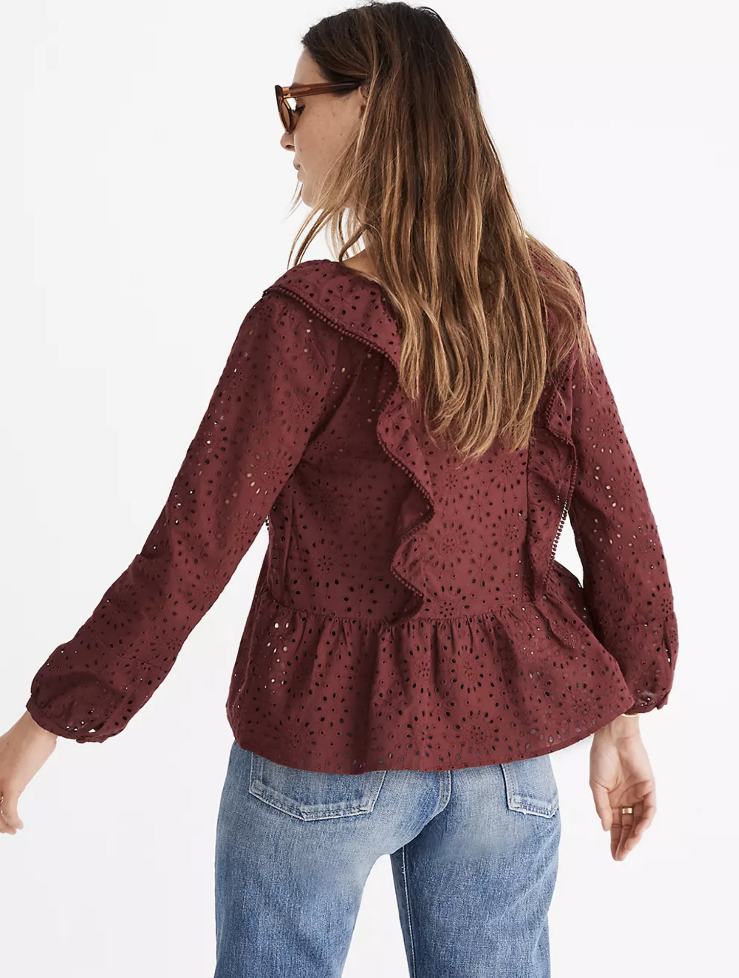 Madewell Wine Red Eyelet Lace Ruffle Pompom Trim Top Blouse Size XS V Neck