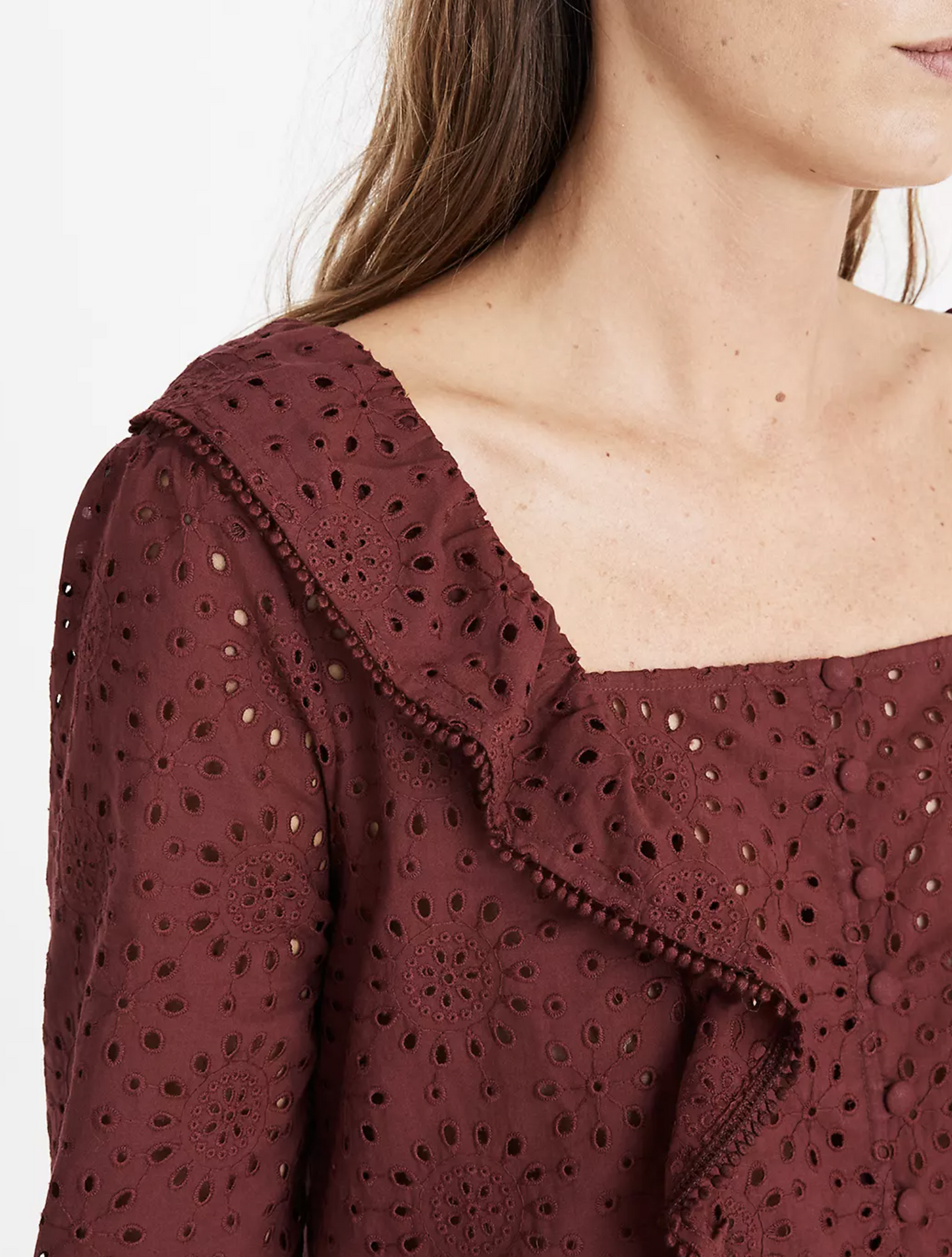 Madewell Wine Red Eyelet Lace Ruffle Pompom Trim Top Blouse Size XS V Neck