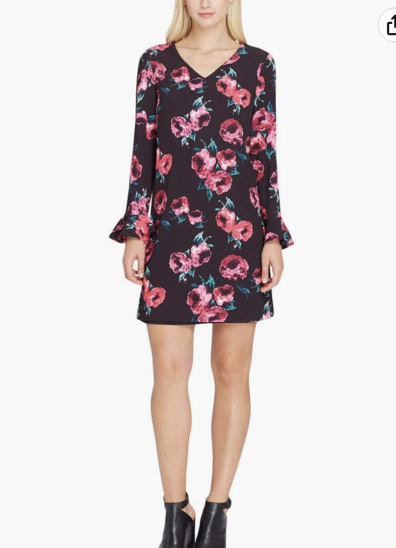 Tahari ASL Levine Black Pink Floral Print Crepe Ruffle Sleeve Shift Dress Sz 12