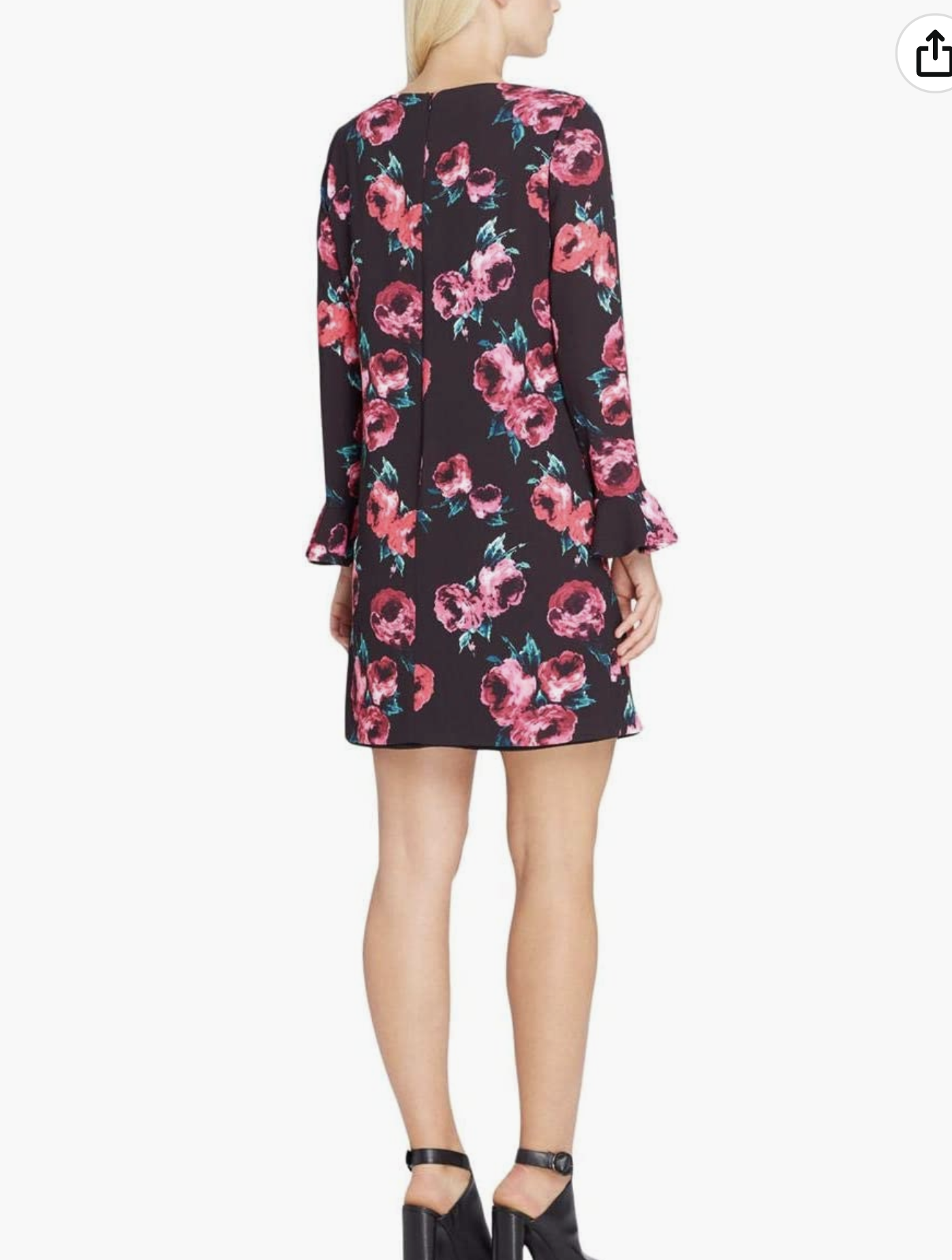 Tahari ASL Levine Black Pink Floral Print Crepe Ruffle Sleeve Shift Dress Sz 12