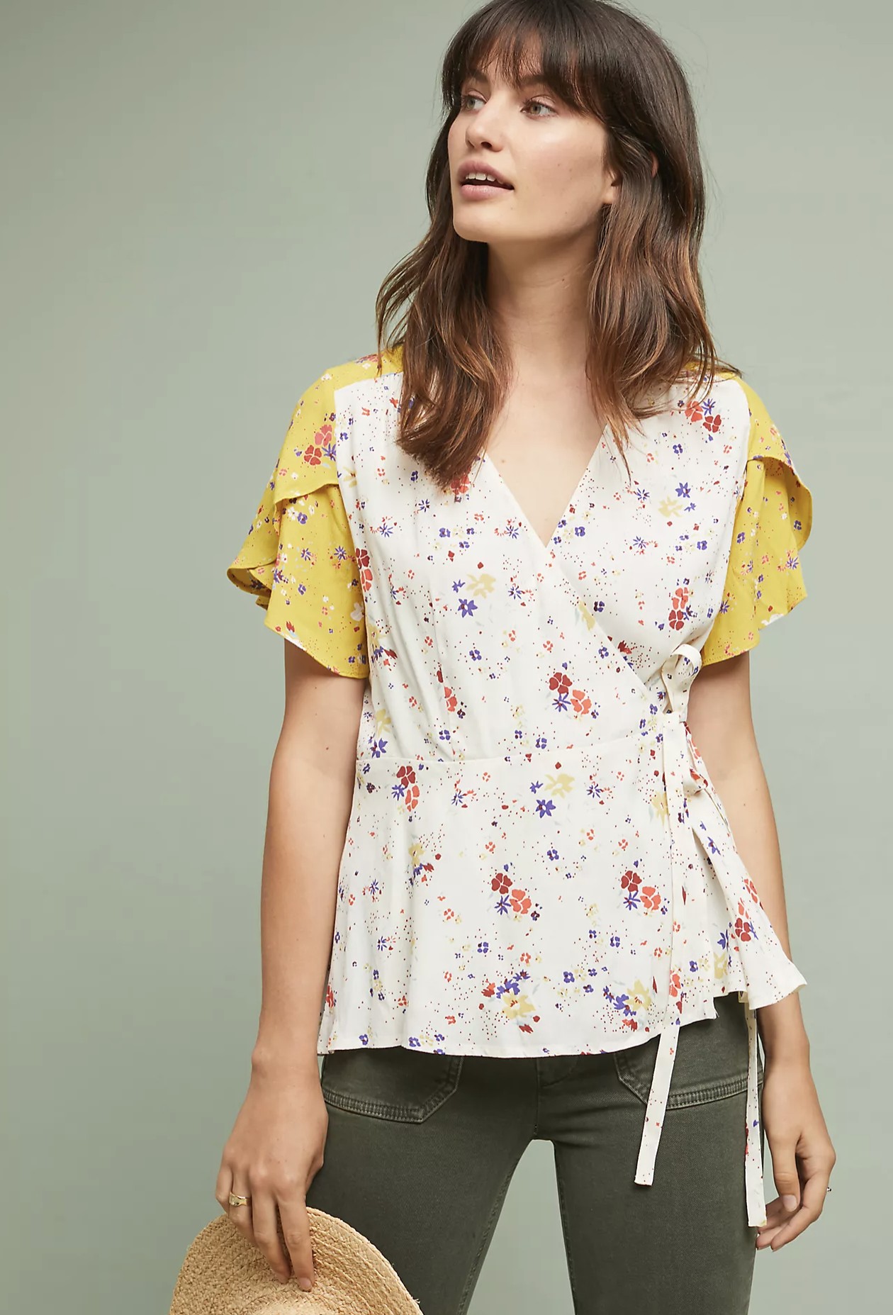 Meadow Rue Anthropologie Bon Voyage Floral Wrap Top Blouse Size 2 Yellow Ivory