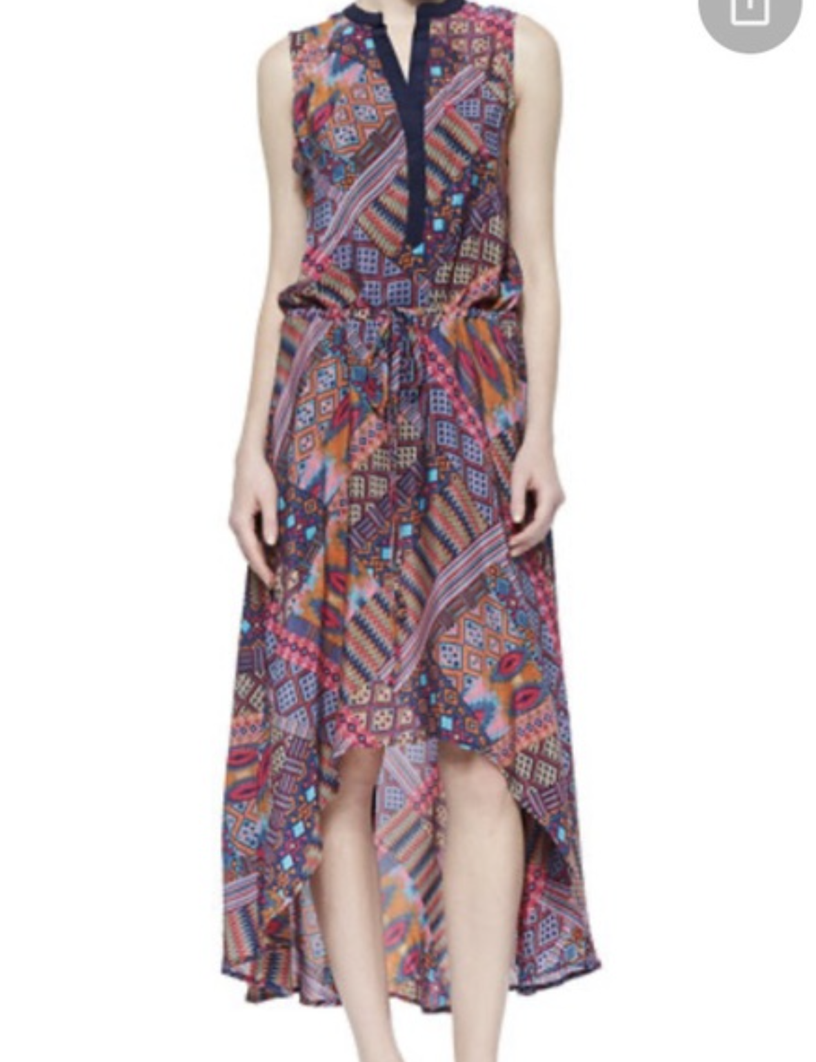 Tolani Silk Geometric Print Drawstring Waist Hi Lo Maxi Dress Size XS Pink Blue