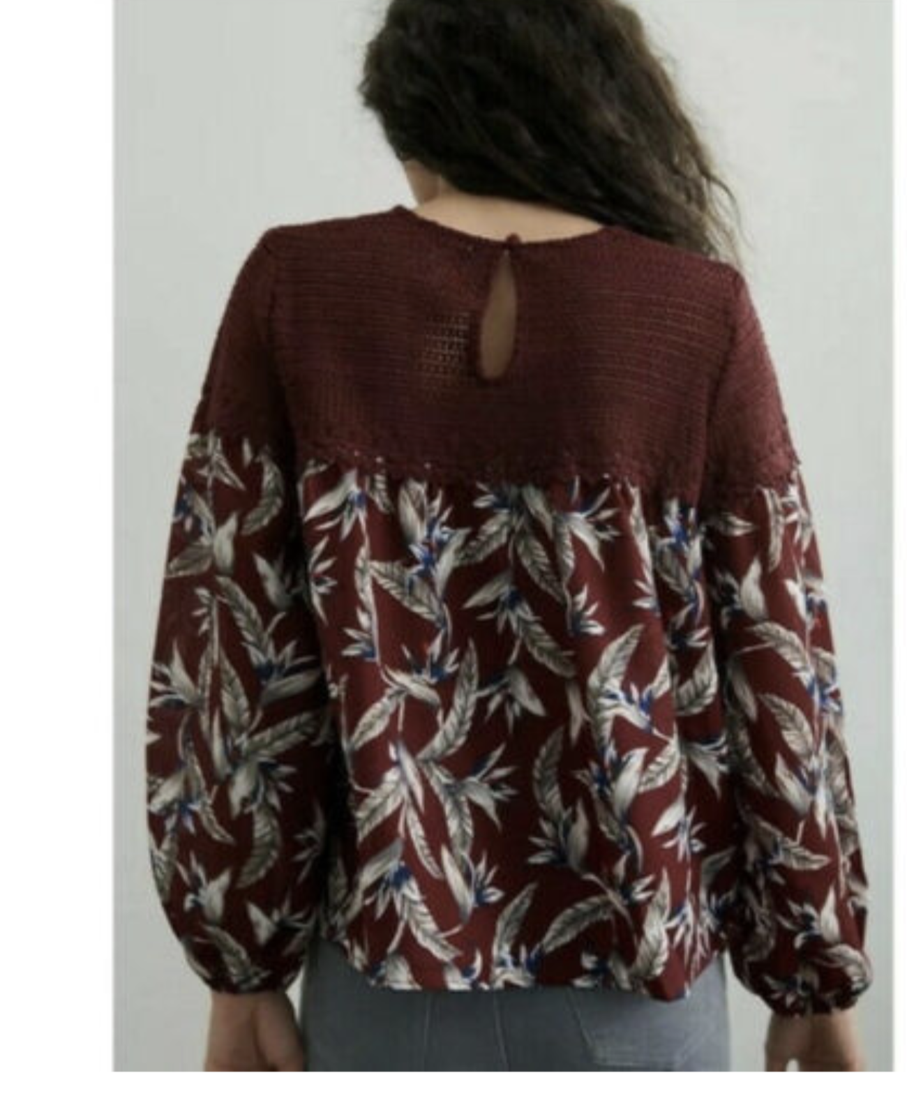 Mynahs Renyu Taandon Anthropologie Burgundy Red Floral Crochet Top Blouse Sz XS Long Sleeve
