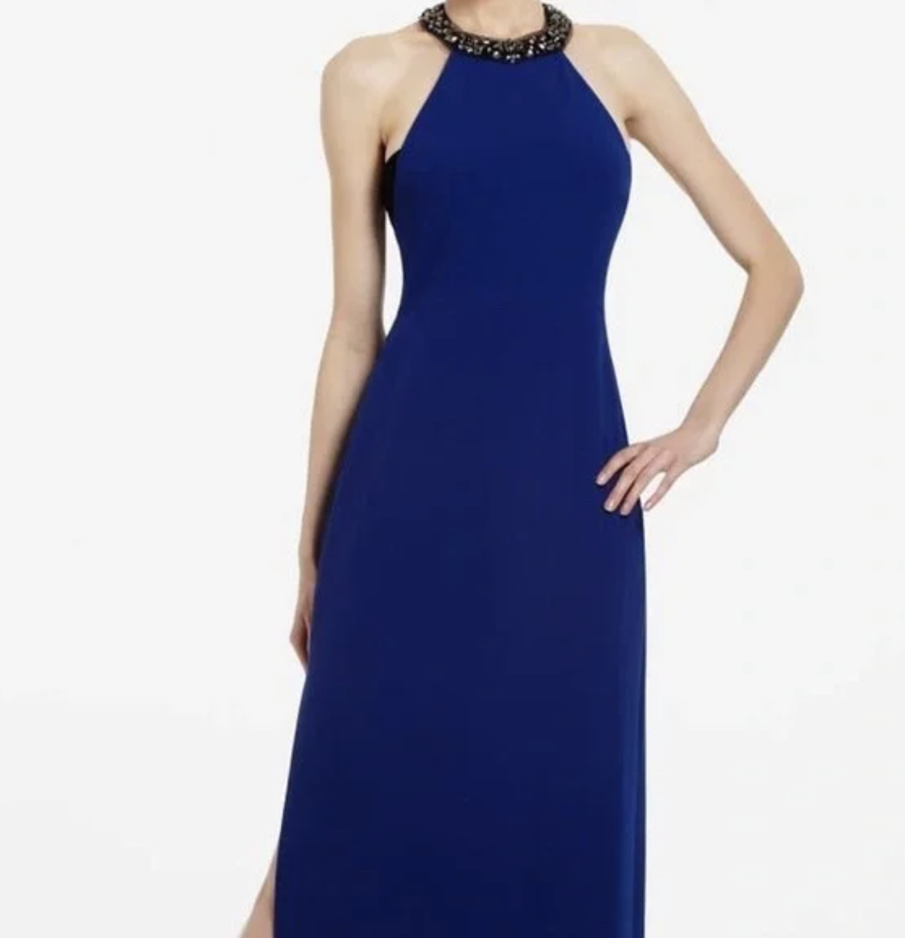 BCBG Max Azria Viviane Blue Beaded Collar Halter Evening Dress Formal Gown Sz 2