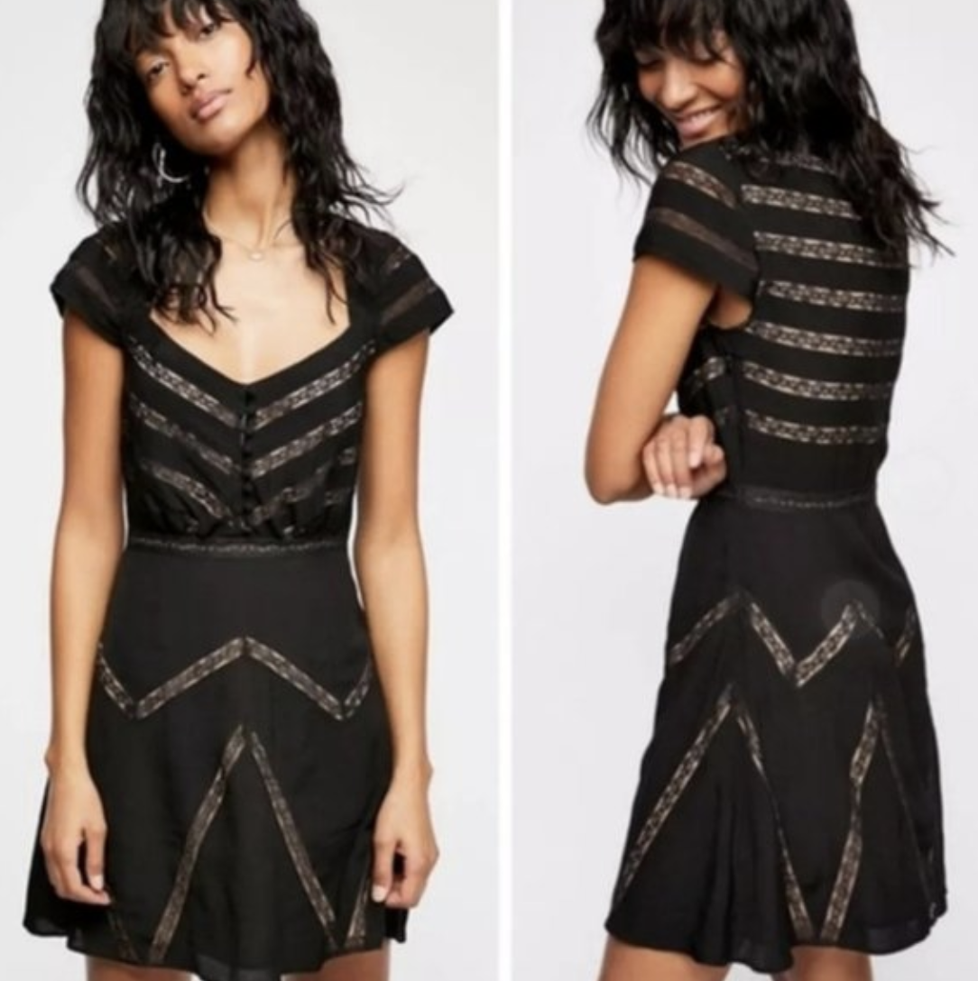 NWT $250 Free People Elle Black Nude Striped Lace Illusion Mini Dress Size 0