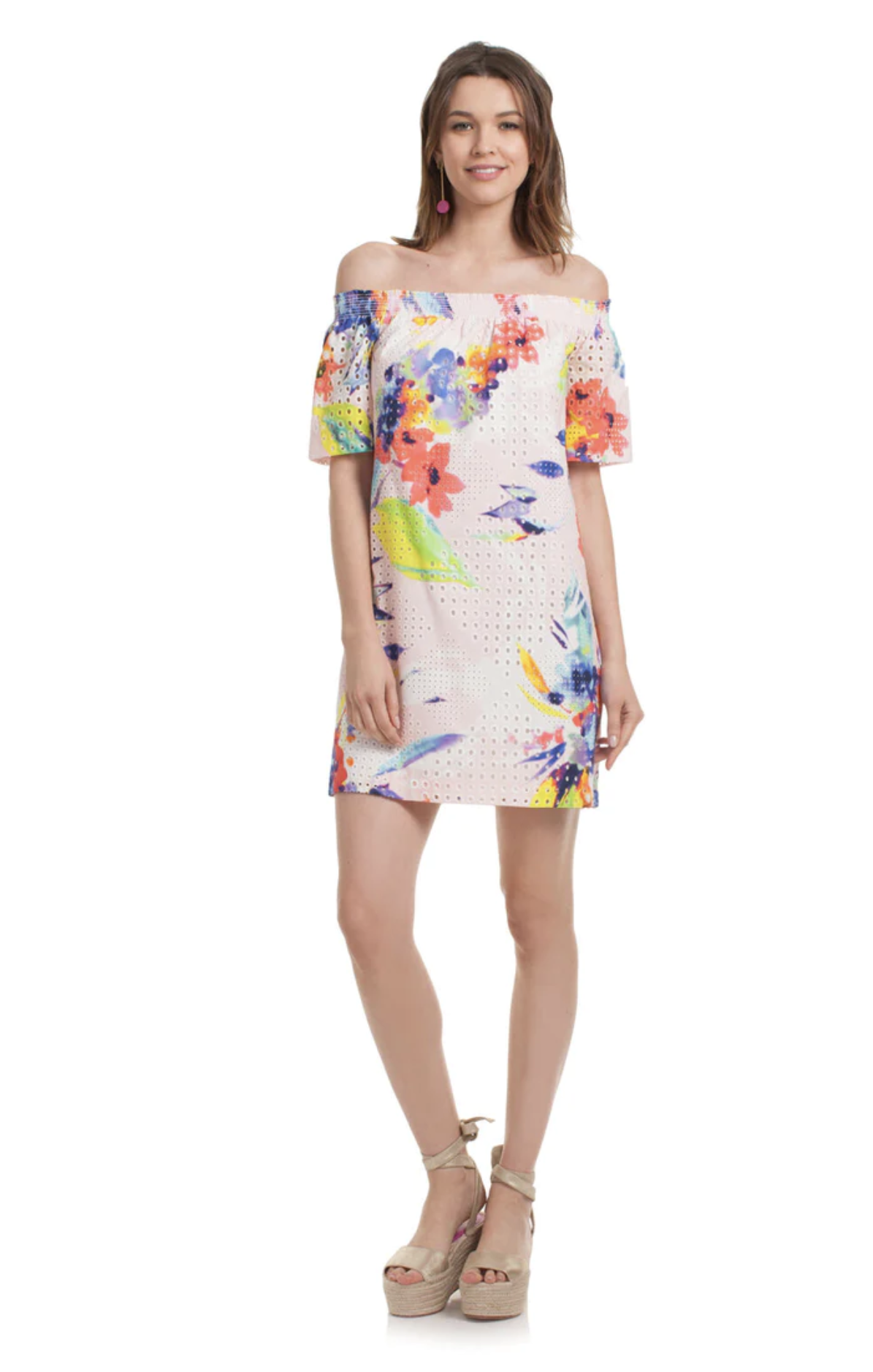 Trina Turk Savilla Abstract Floral Eylet Off the Shoulder Shift Dress Size S