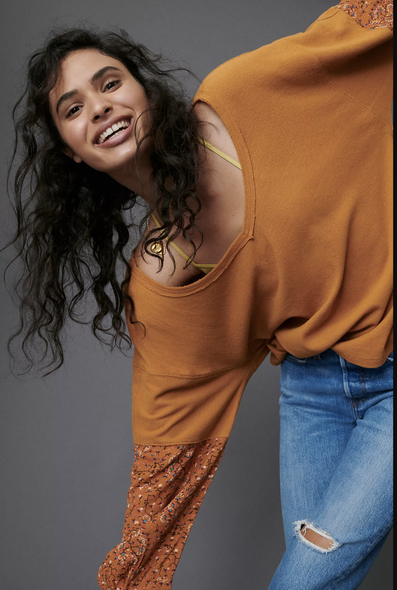 By Anthropologie Annette Orange/Yellow Floral Print Waffle Knit Top Blouse Sz XS Long Sleeve