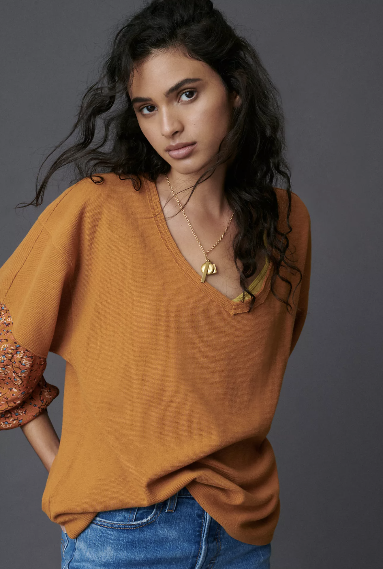 By Anthropologie Annette Orange/Yellow Floral Print Waffle Knit Top Blouse Sz XS Long Sleeve