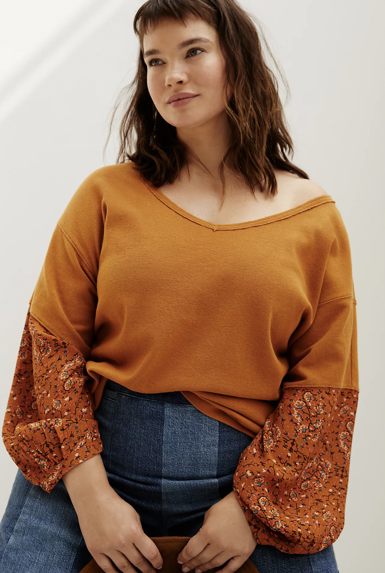 By Anthropologie Annette Orange/Yellow Floral Print Waffle Knit Top Blouse Sz XS Long Sleeve